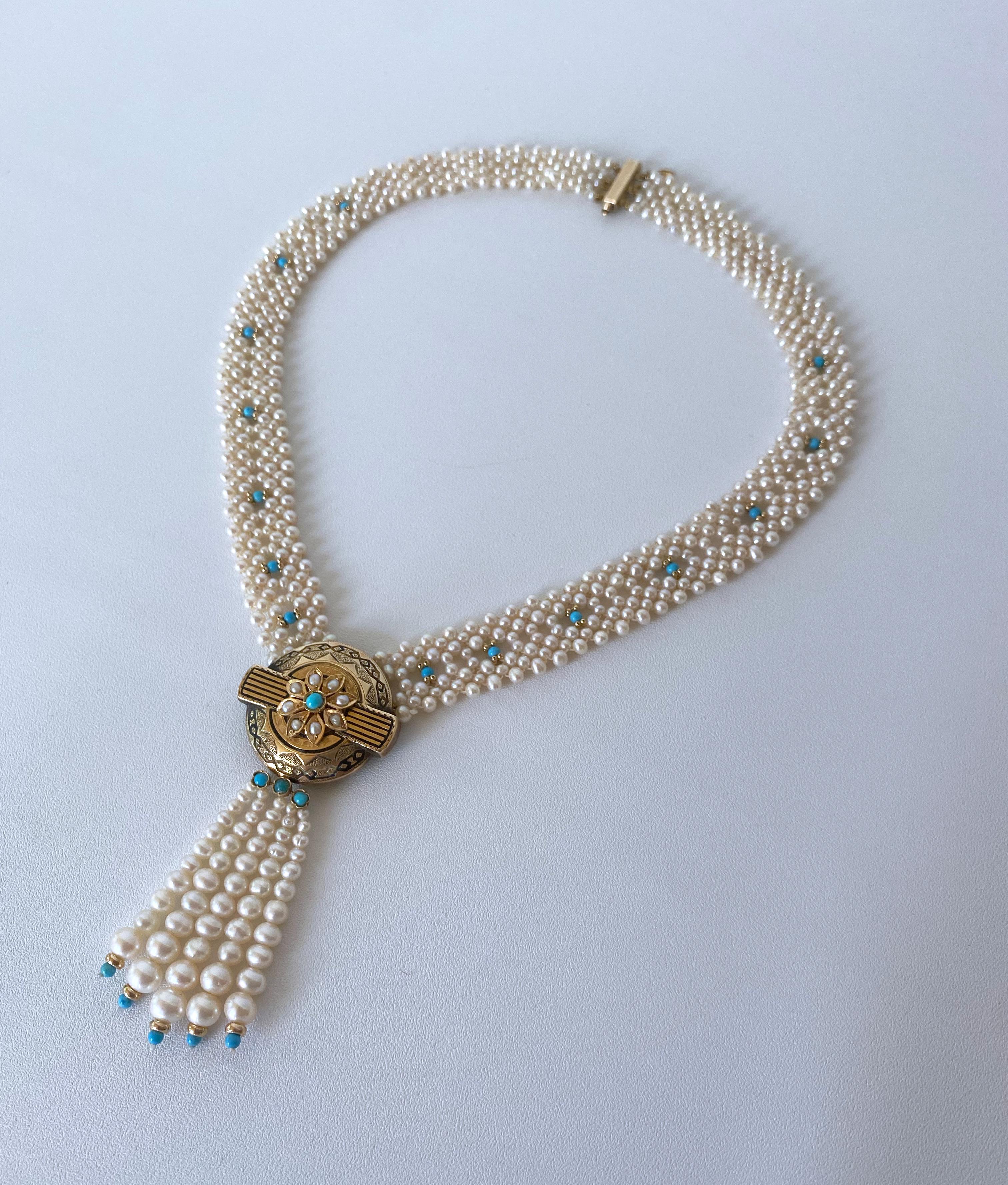 Artist Marina J. Woven Pearl and Turquoise Necklace with 14K Yellow Gold Centerpiece