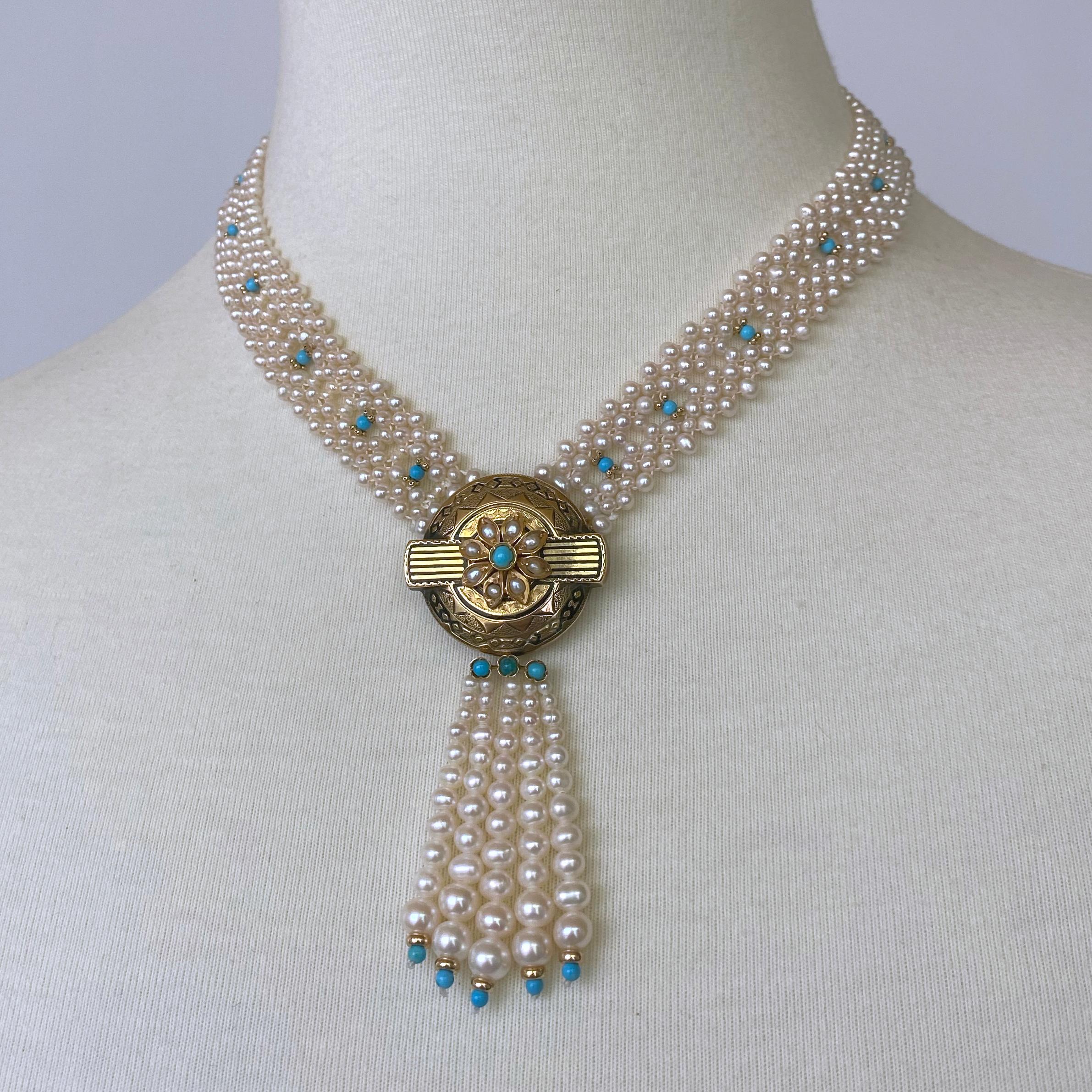 Bead Marina J. Woven Pearl and Turquoise Necklace with 14K Yellow Gold Centerpiece 