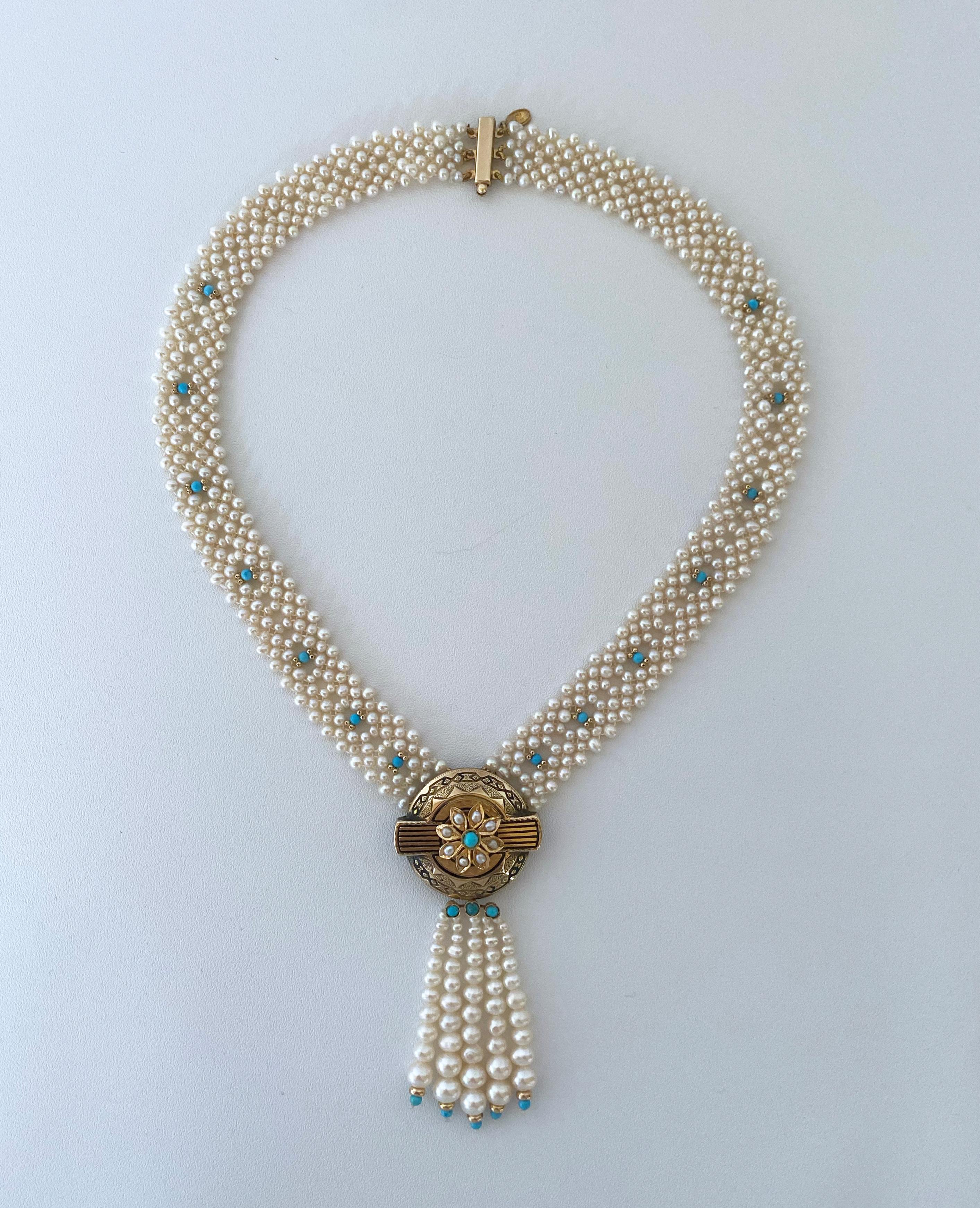 Marina J. Woven Pearl and Turquoise Necklace with 14K Yellow Gold Centerpiece  1