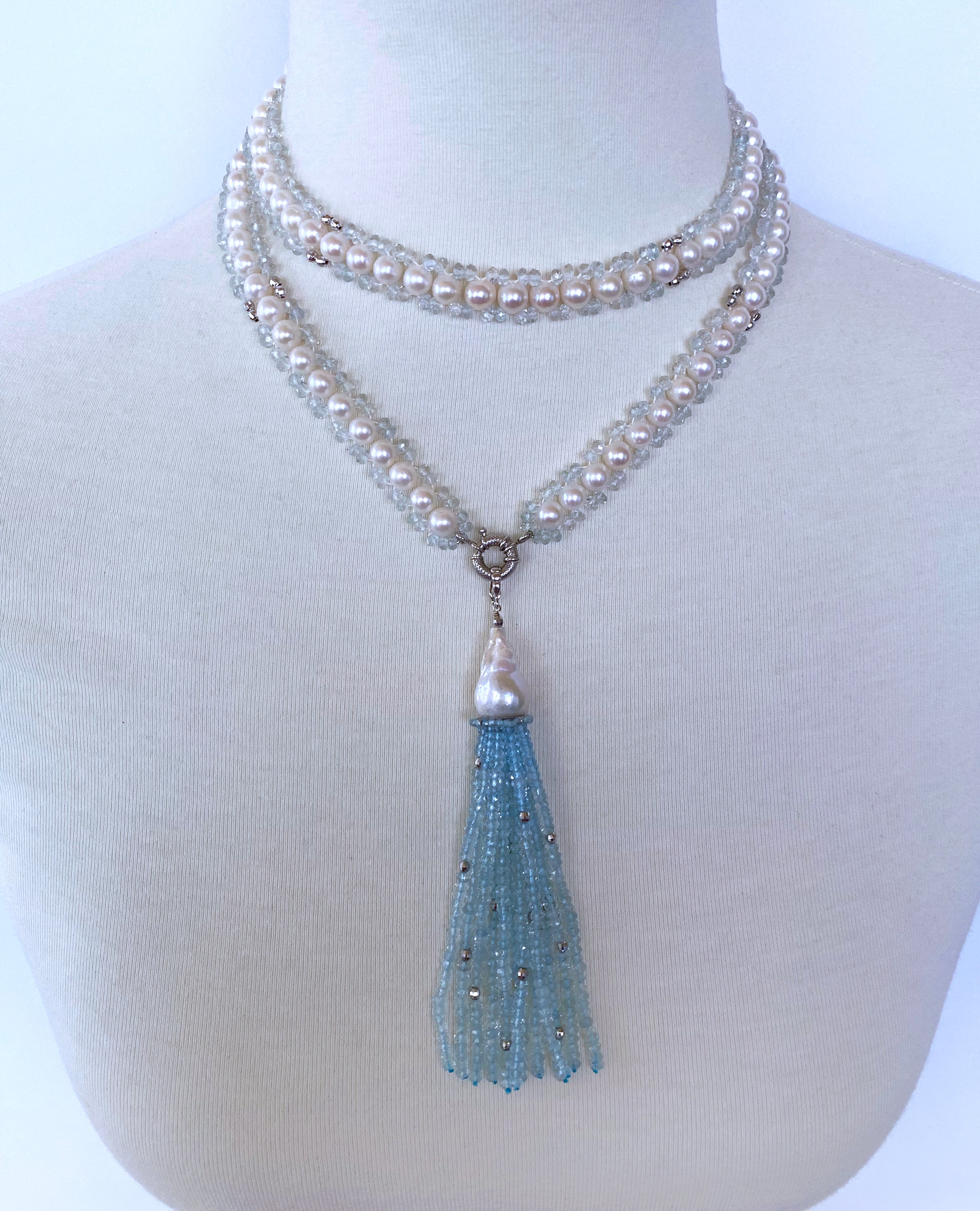 Marina J Woven Pearl, Aquamarine and 14k White Gold  Sautoir with large tassel