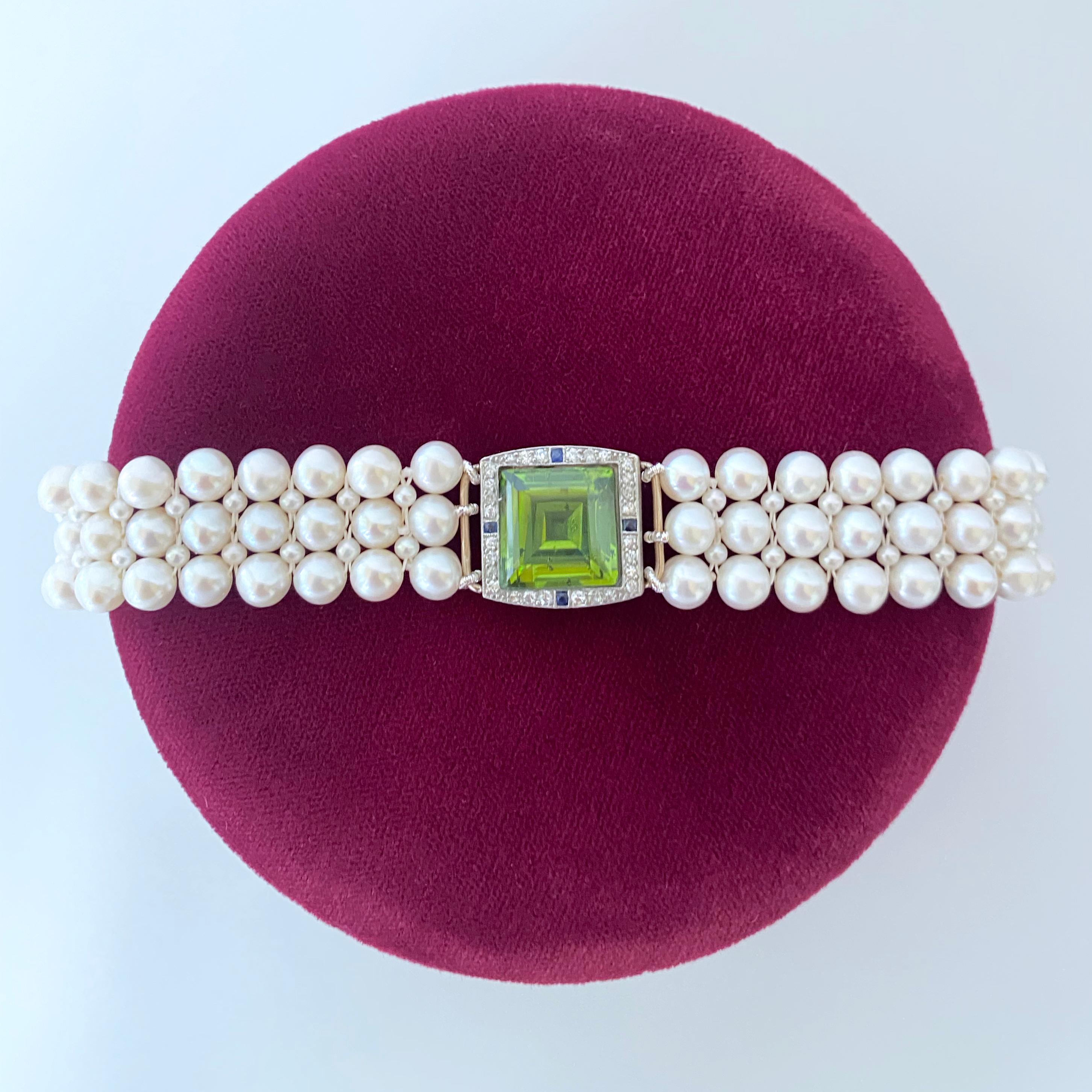 Emerald Cut Marina J. Woven Pearl Band with Peridot, Sapphire & Diamond 14k Gold Centerpiece