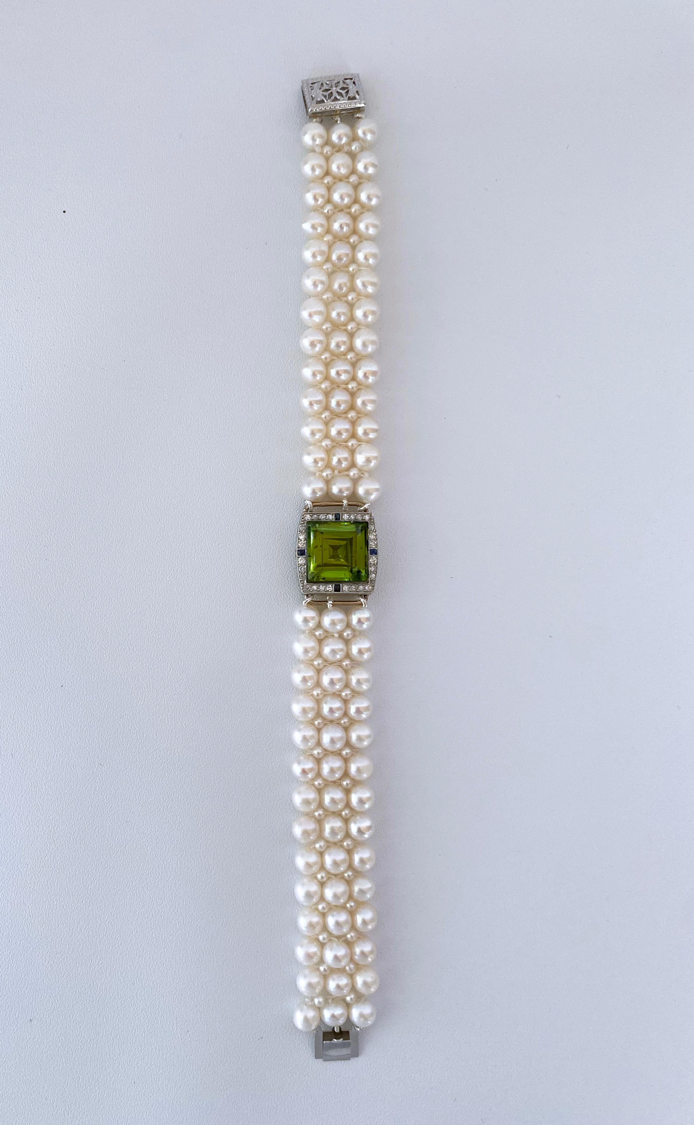 Marina J. Woven Pearl Band with Peridot, Sapphire & Diamond 14k Gold Centerpiece In New Condition In Los Angeles, CA