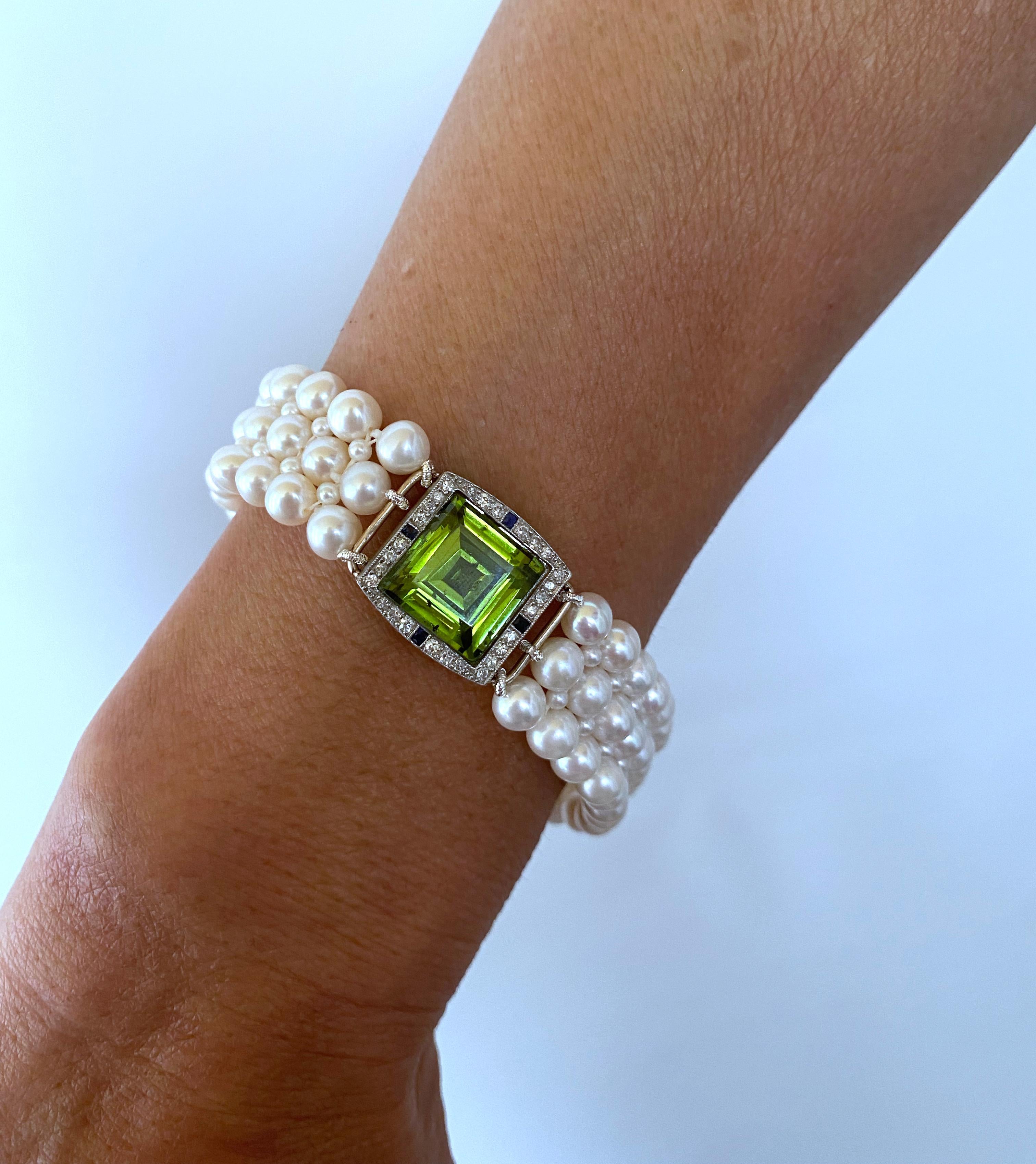 Women's or Men's Marina J. Woven Pearl Band with Peridot, Sapphire & Diamond 14k Gold Centerpiece