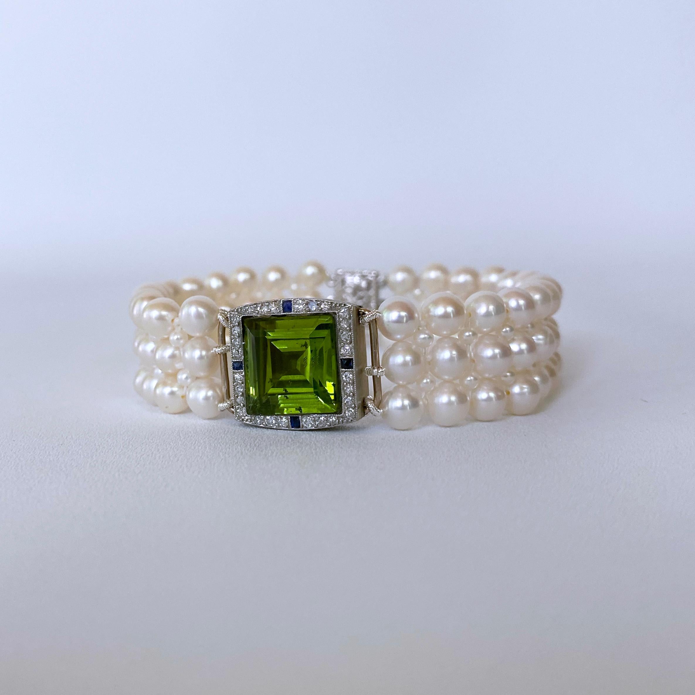 Marina J. Woven Pearl Band with Peridot, Sapphire & Diamond 14k Gold Centerpiece 1