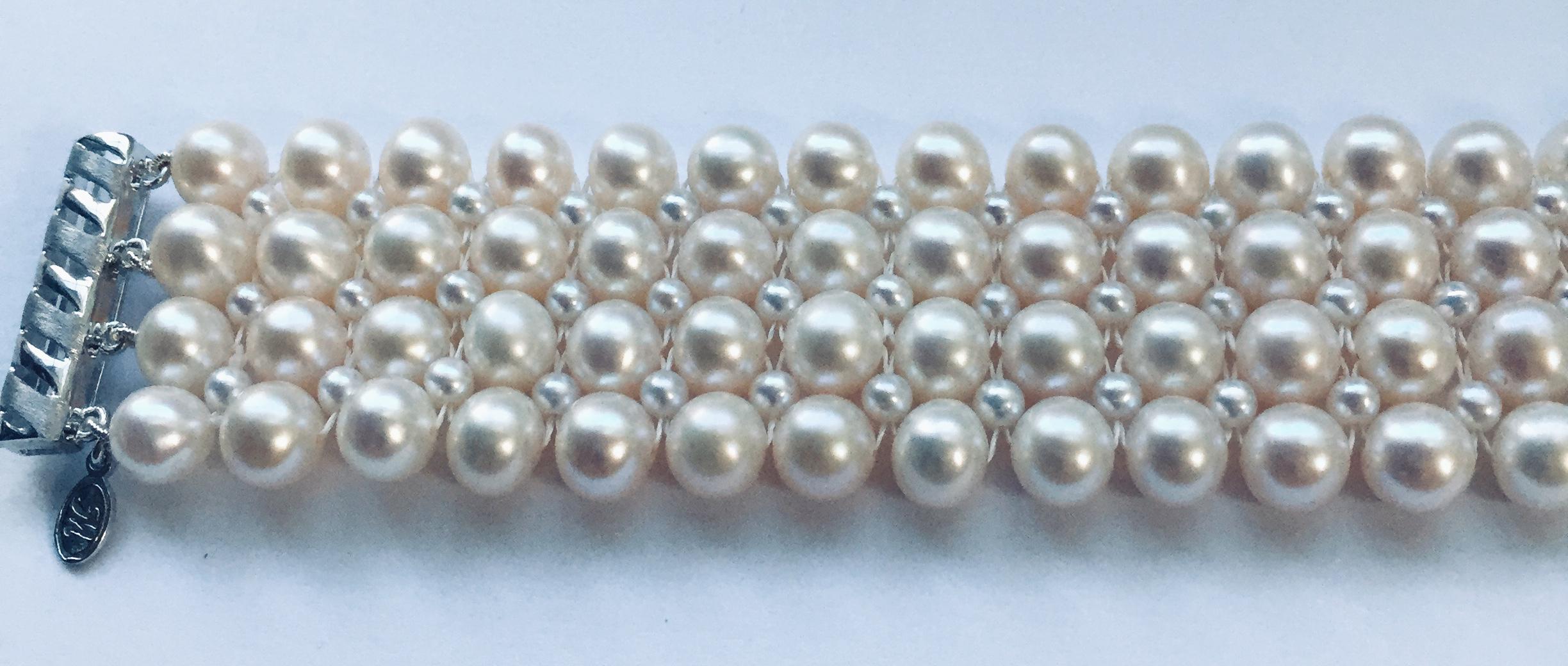 Bead Marina J. Hand-Woven Pearl Bracelet with 14 Karat White Gold Plated Clasp