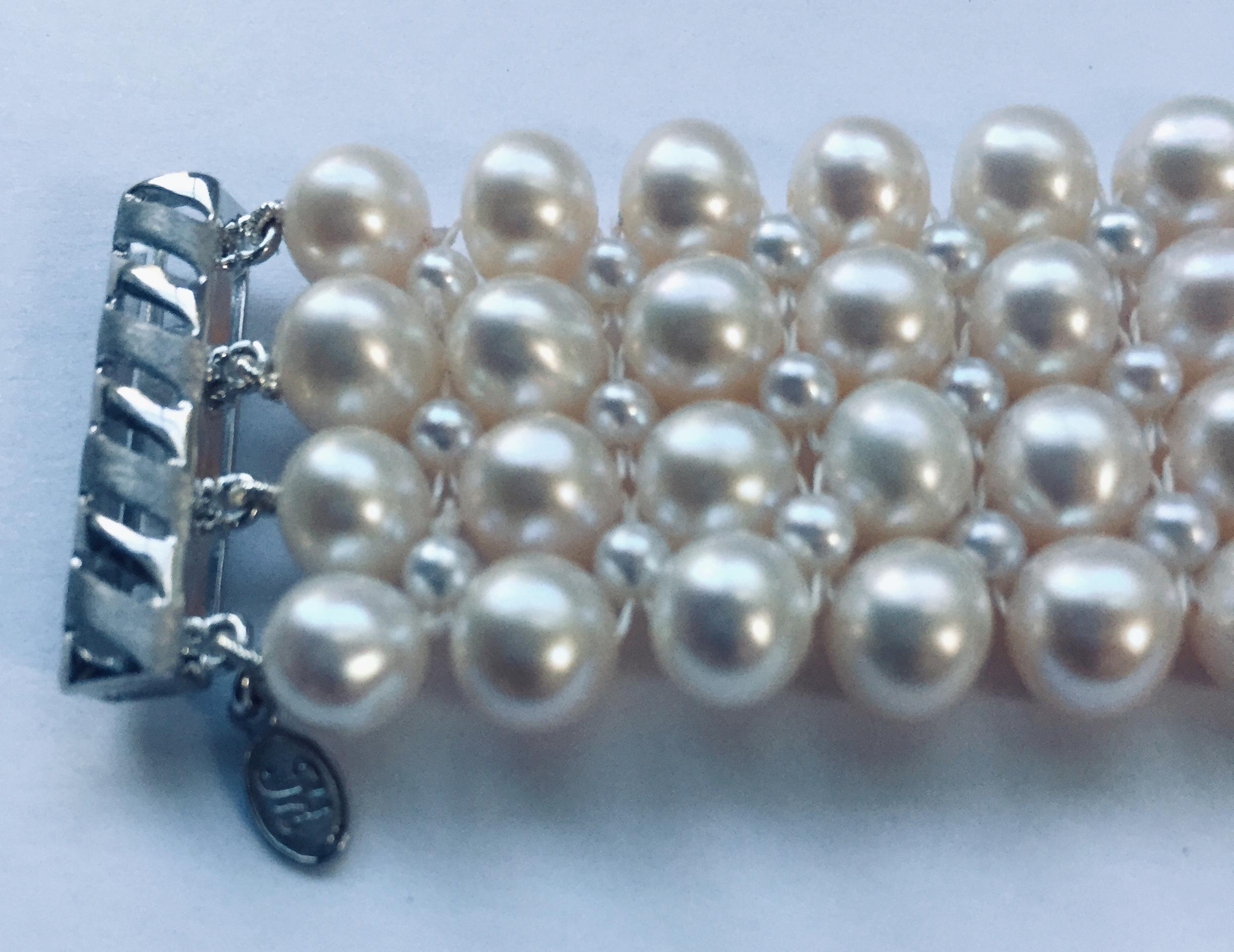 Marina J. Hand-Woven Pearl Bracelet with 14 Karat White Gold Plated Clasp In New Condition In Los Angeles, CA