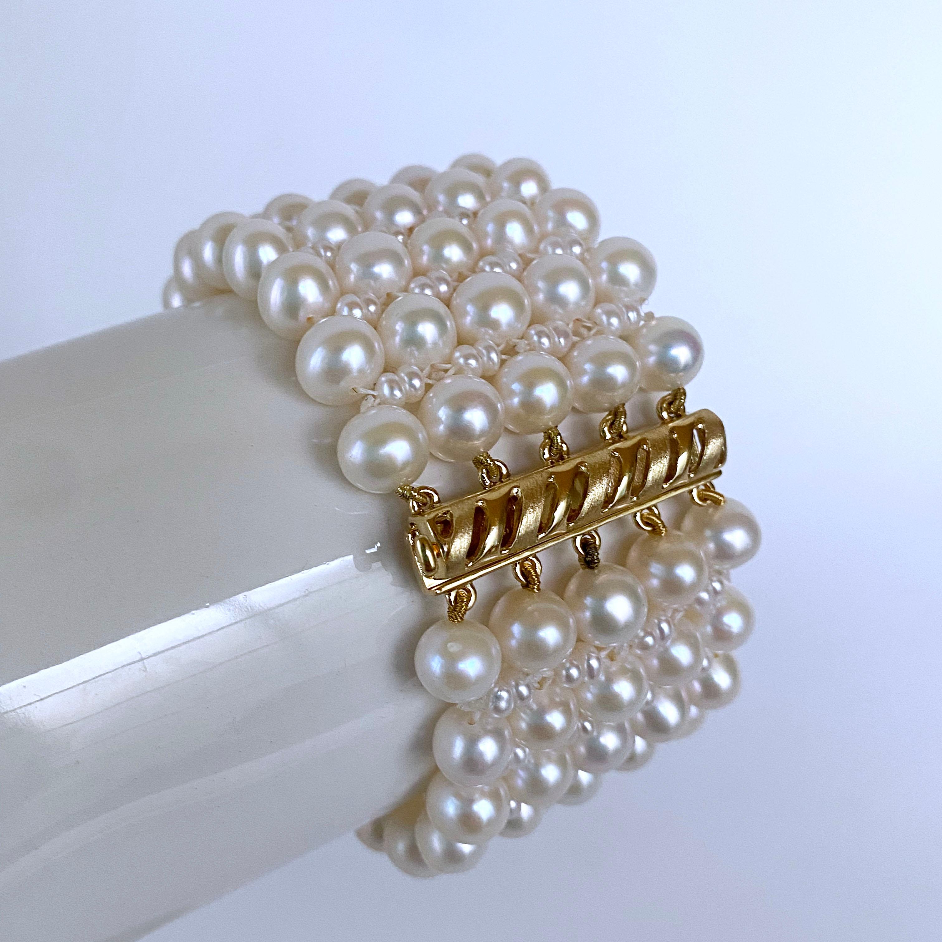 Artisan Marina J. Woven Pearl Bracelet with 14k Yellow Gold Plated Silver Sliding Clasp For Sale