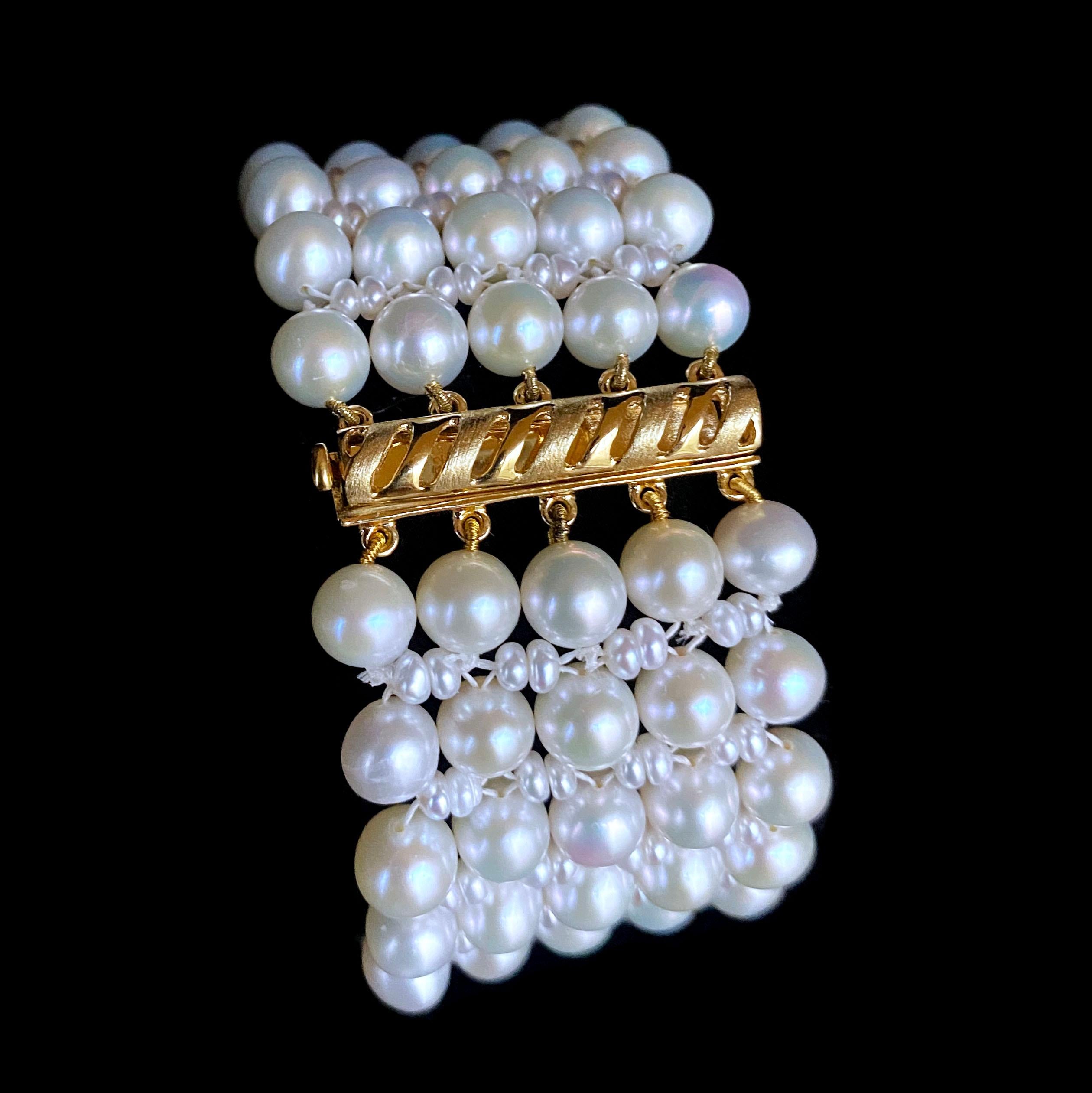 Marina J. Woven Pearl Bracelet with 14k Yellow Gold Plated Silver Sliding Clasp In New Condition For Sale In Los Angeles, CA