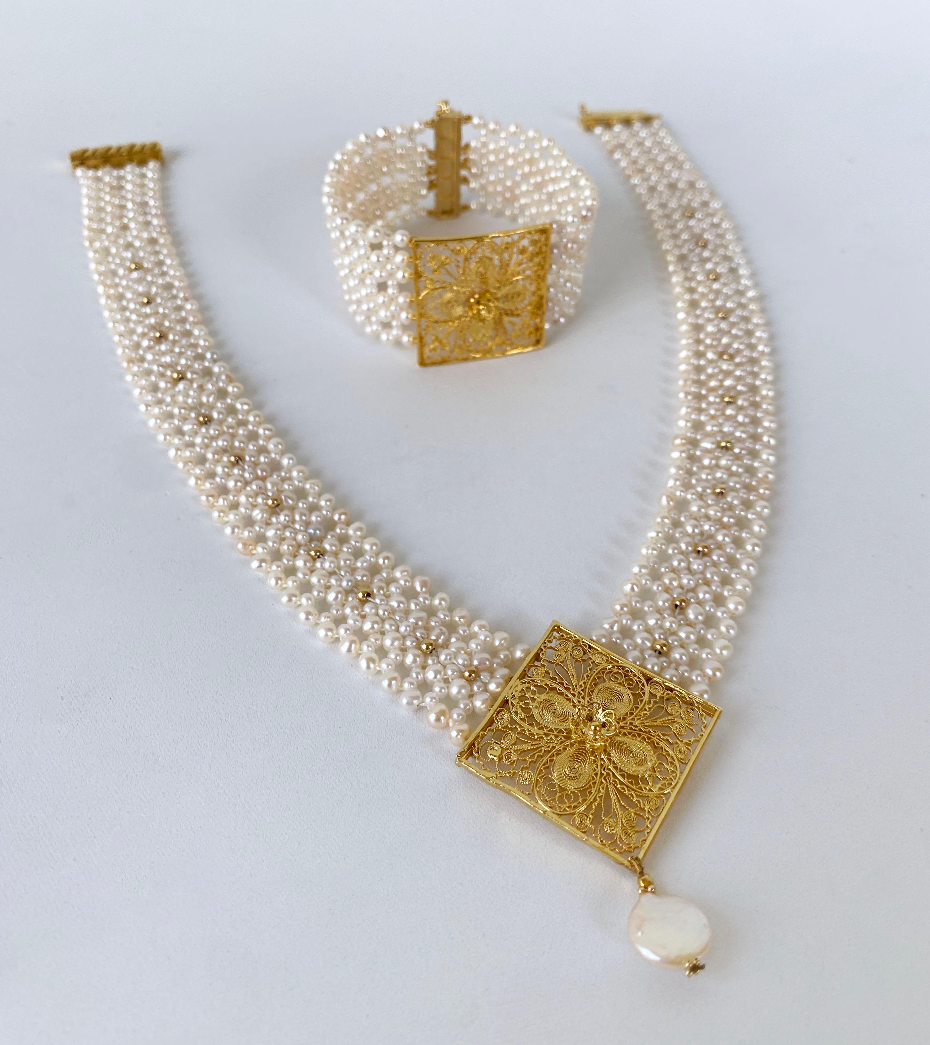 Elegant and beautiful Bracelet by Marina J. This piece features a Vintage Brooch that has been reworked into striking Centerpiece. The Centerpiece is a silver, 18k Yellow Gold Plated Floral square displaying a magnificent design. A stunning Pearl