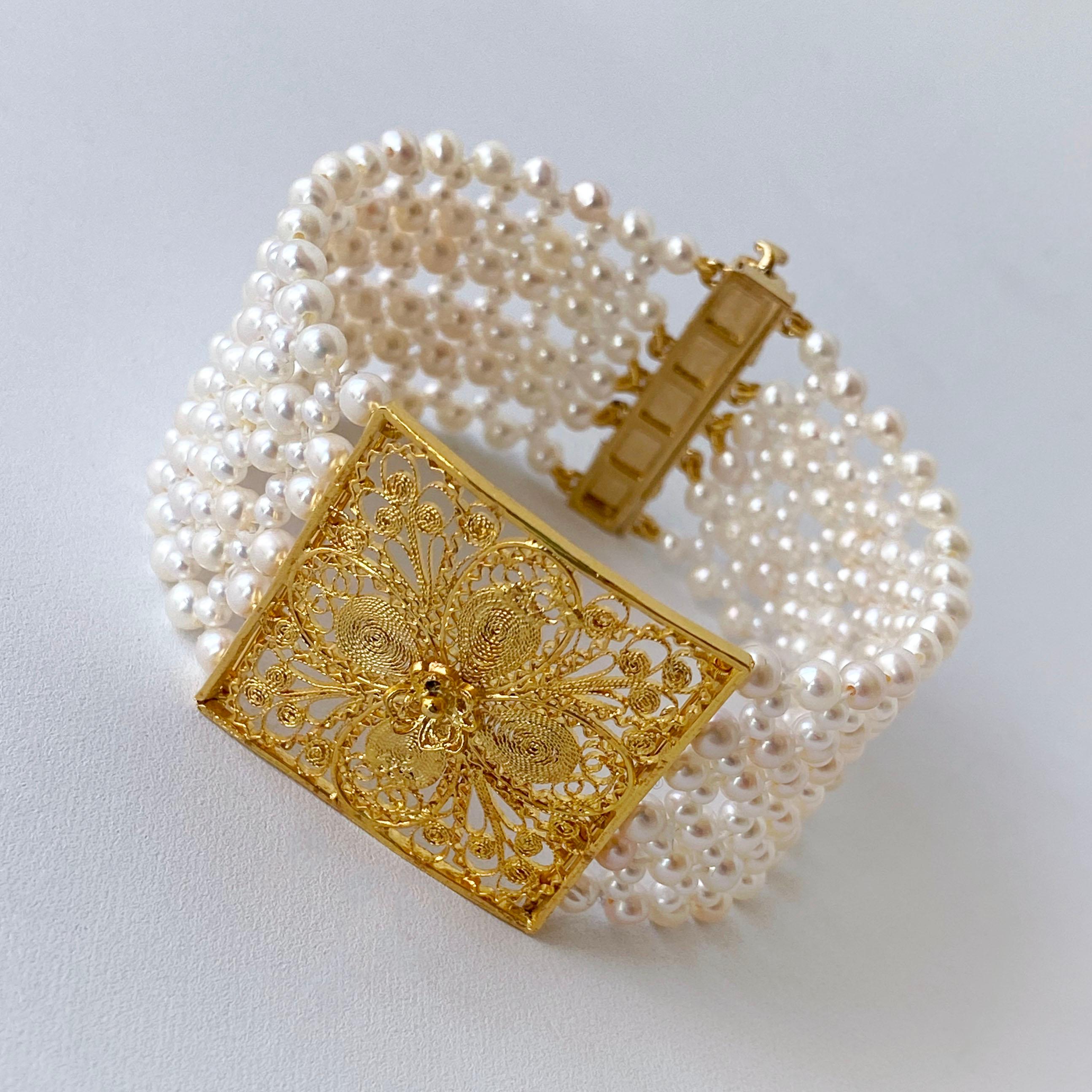 Artisan Marina J. Woven Pearl Bracelet with 18k Yellow Gold Floral Centerpiece & Clasp