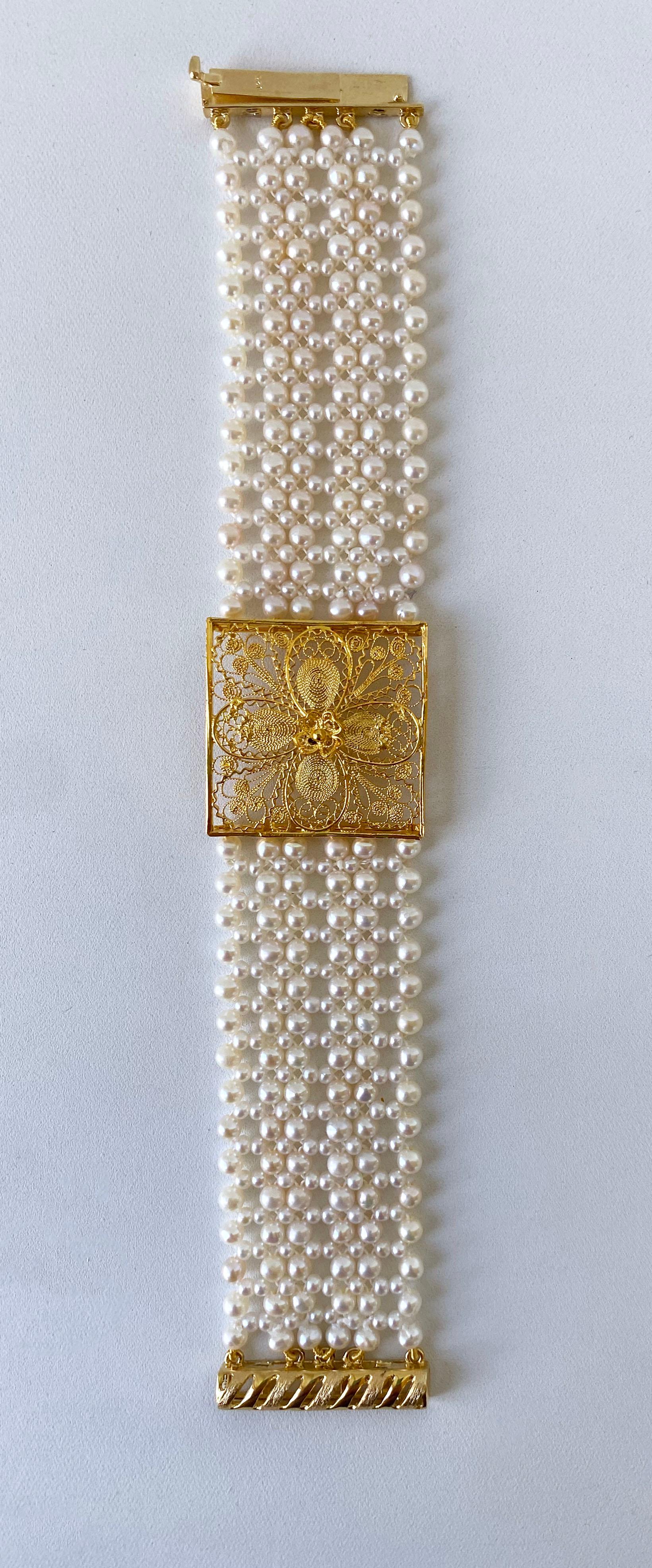 Bead Marina J. Woven Pearl Bracelet with 18k Yellow Gold Floral Centerpiece & Clasp