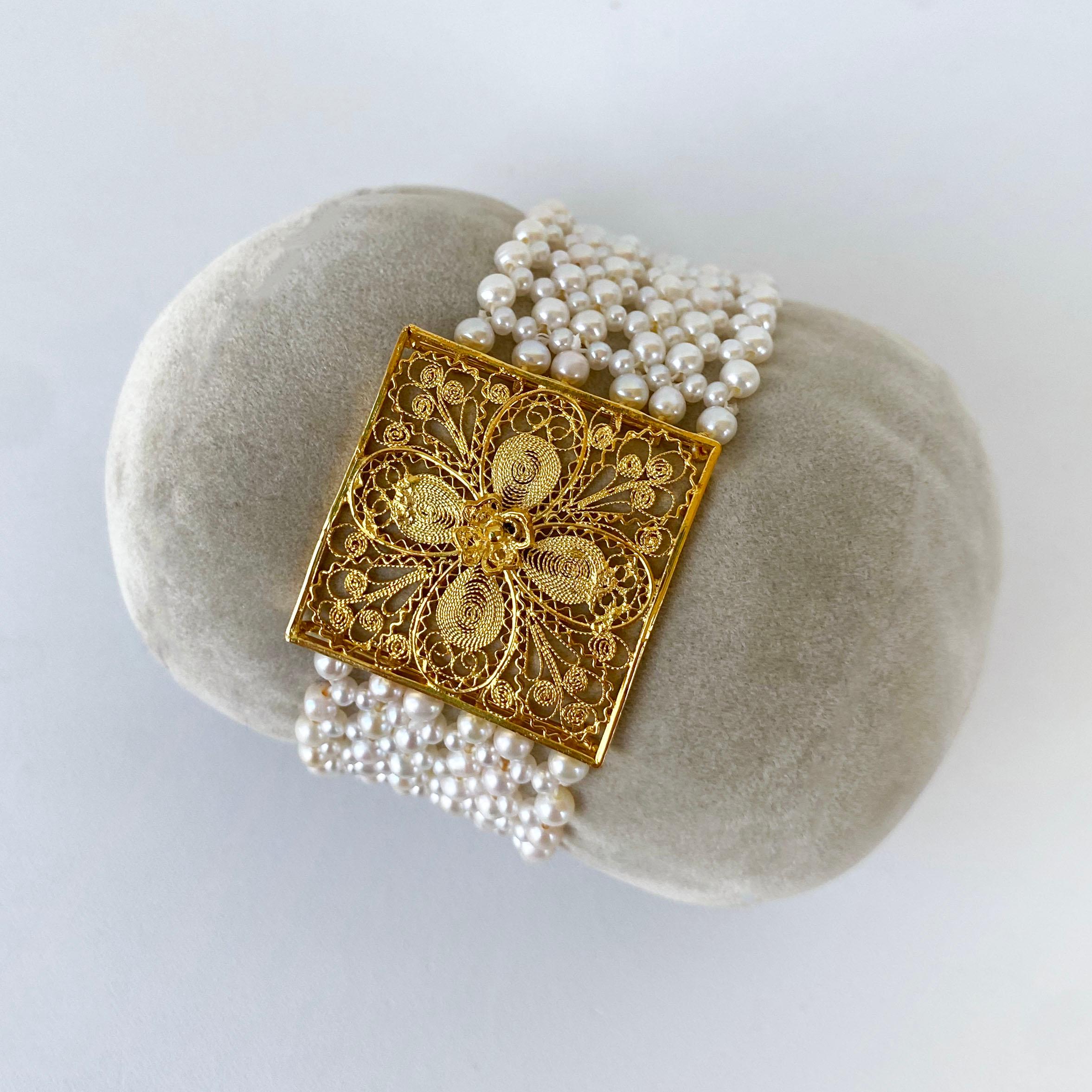 Marina J. Woven Pearl Bracelet with 18k Yellow Gold Floral Centerpiece & Clasp In New Condition In Los Angeles, CA