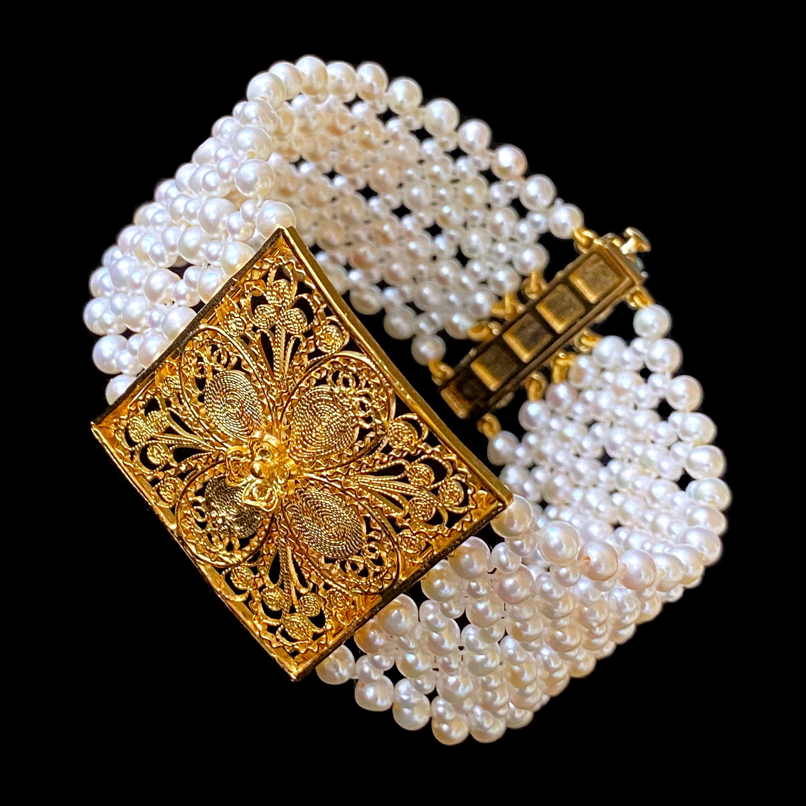 Women's Marina J. Woven Pearl Bracelet with 18k Yellow Gold Floral Centerpiece & Clasp