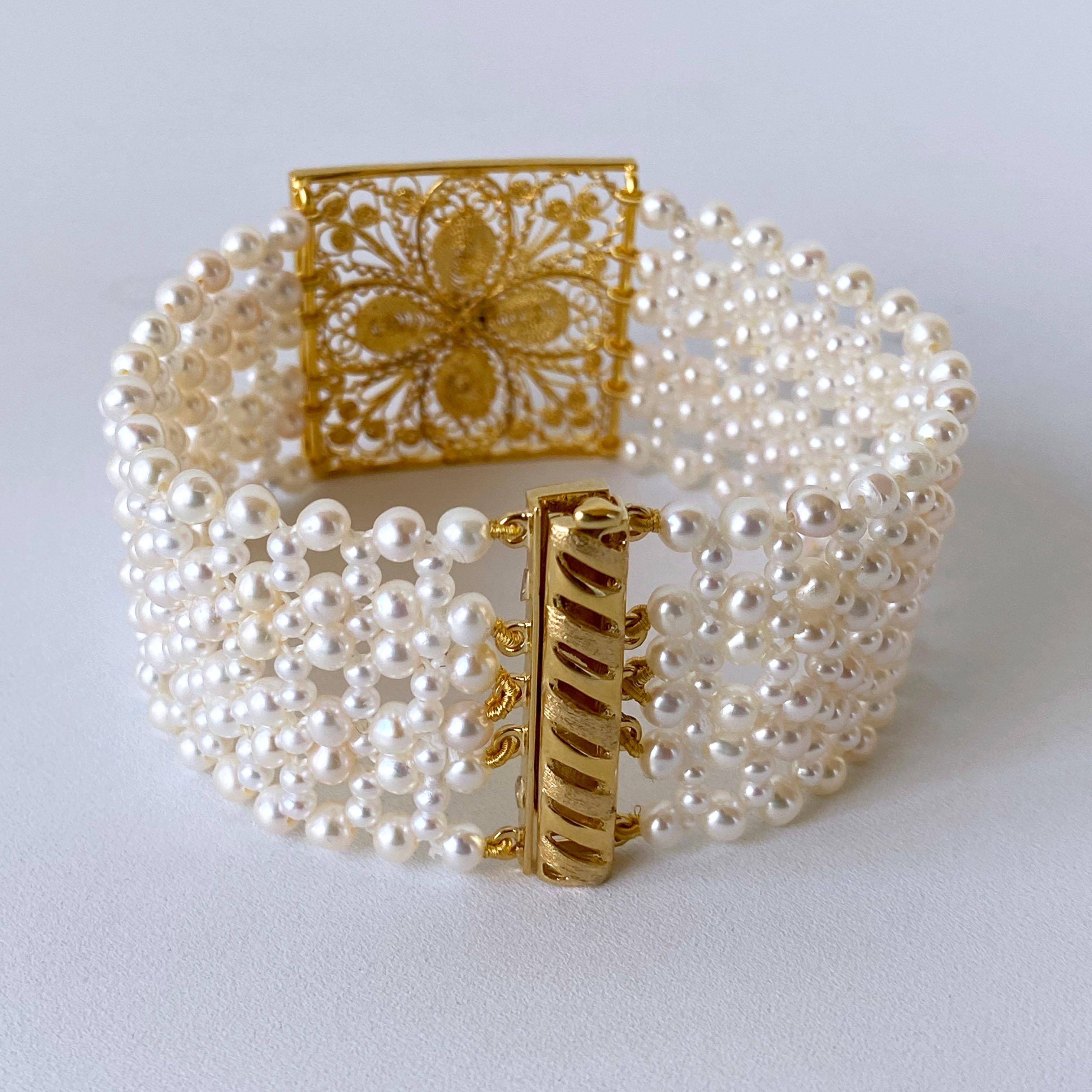 Marina J. Woven Pearl Bracelet with 18k Yellow Gold Floral Centerpiece & Clasp 1