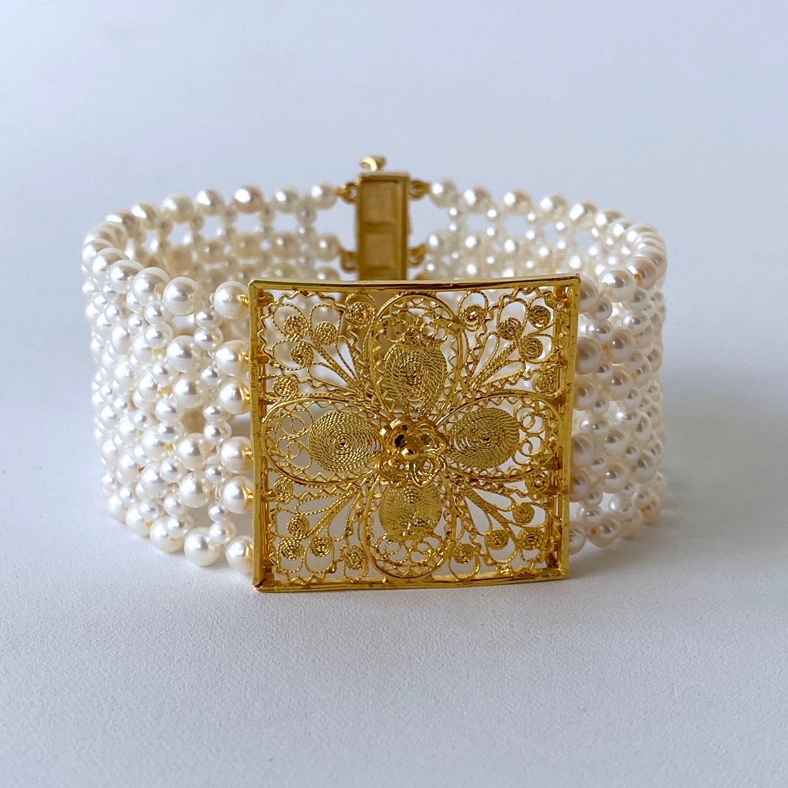 Marina J. Woven Pearl Bracelet with 18k Yellow Gold Floral Centerpiece & Clasp 2