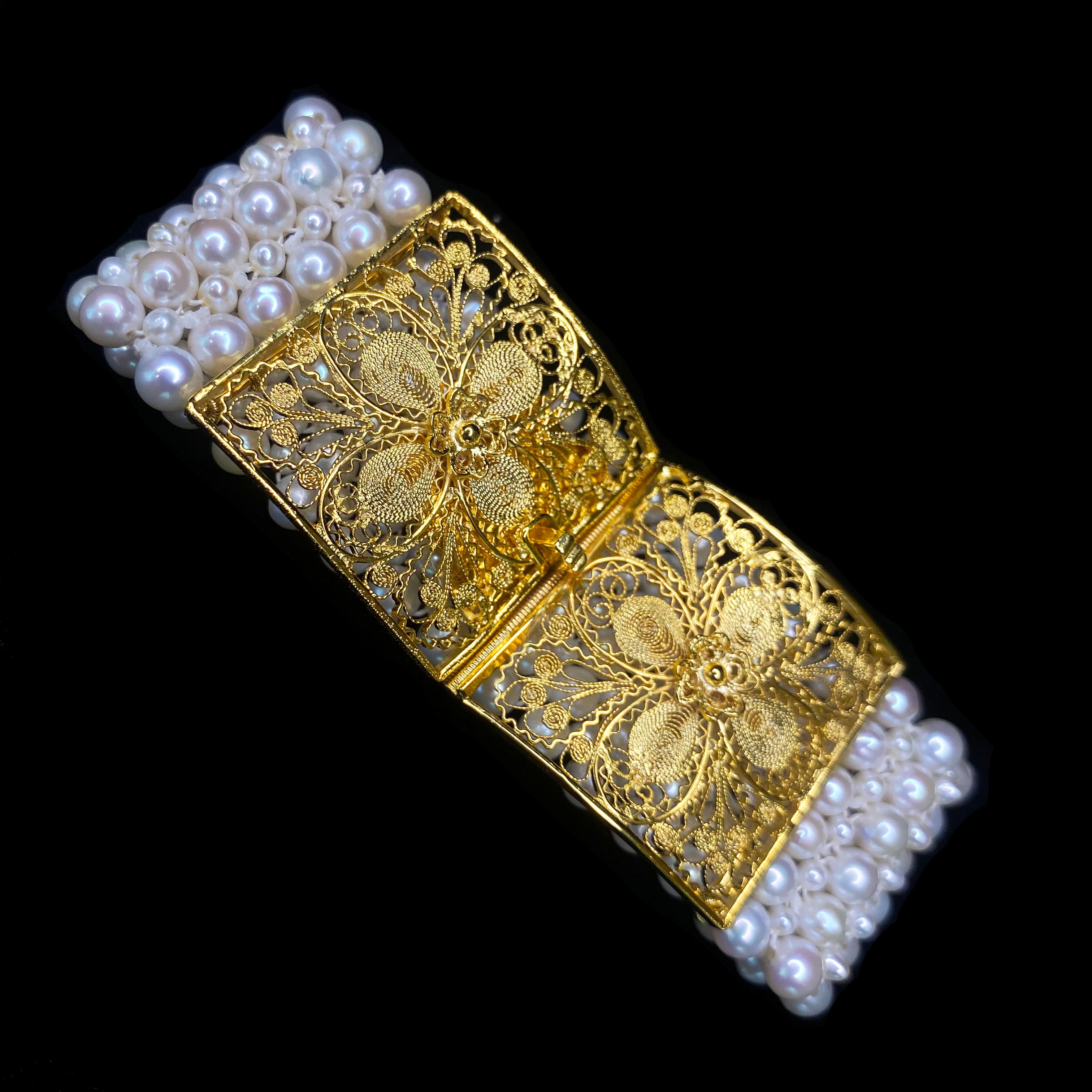 Marina J. Woven Pearl Bracelet with 18k Yellow Gold Plated Floral Clasp  4