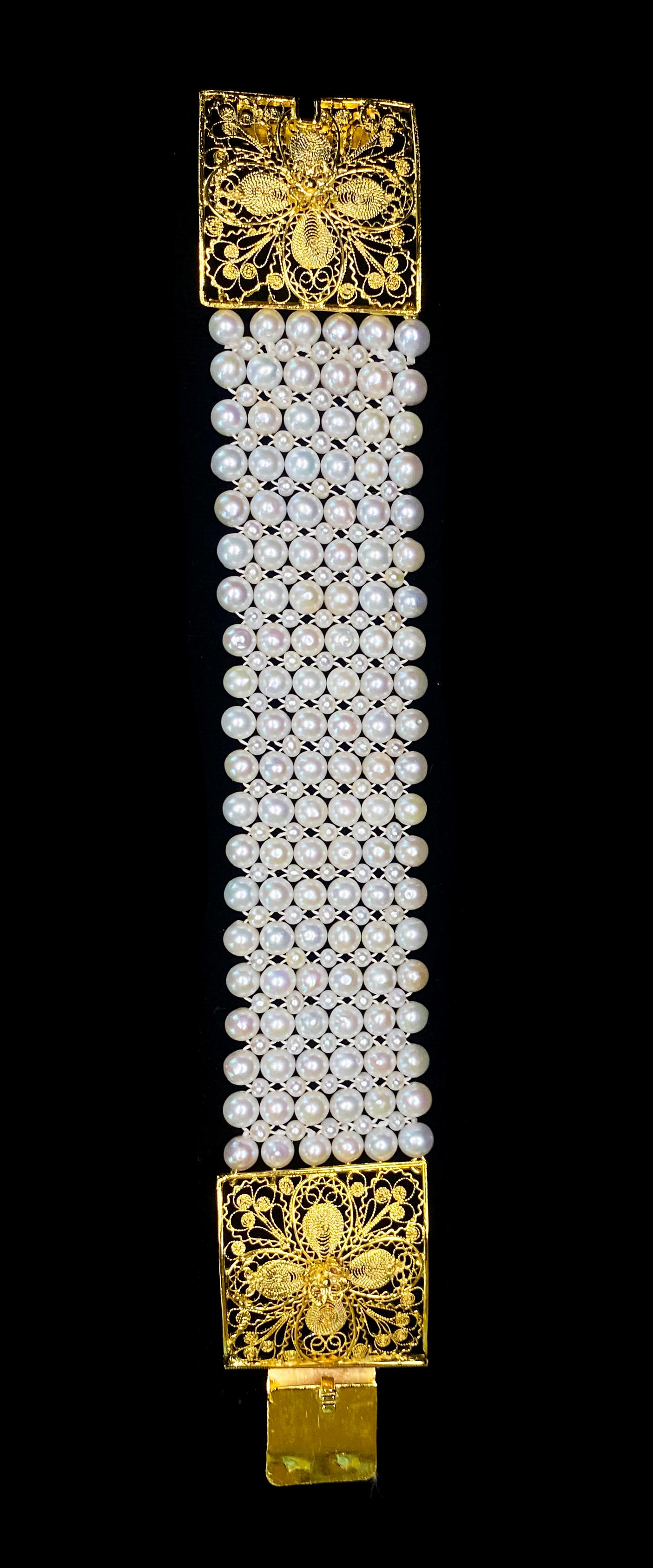 Marina J. Woven Pearl Bracelet with 18k Yellow Gold Plated Floral Clasp  In New Condition In Los Angeles, CA