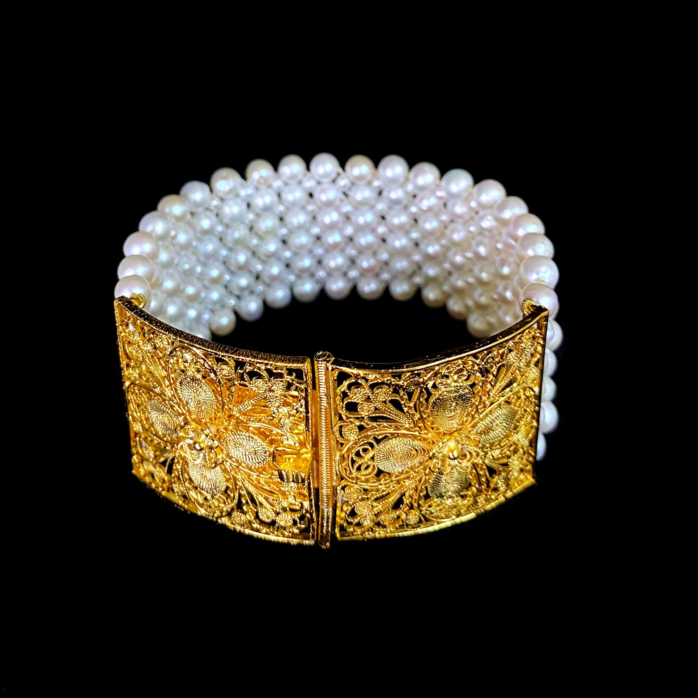 Women's Marina J. Woven Pearl Bracelet with 18k Yellow Gold Plated Floral Clasp 