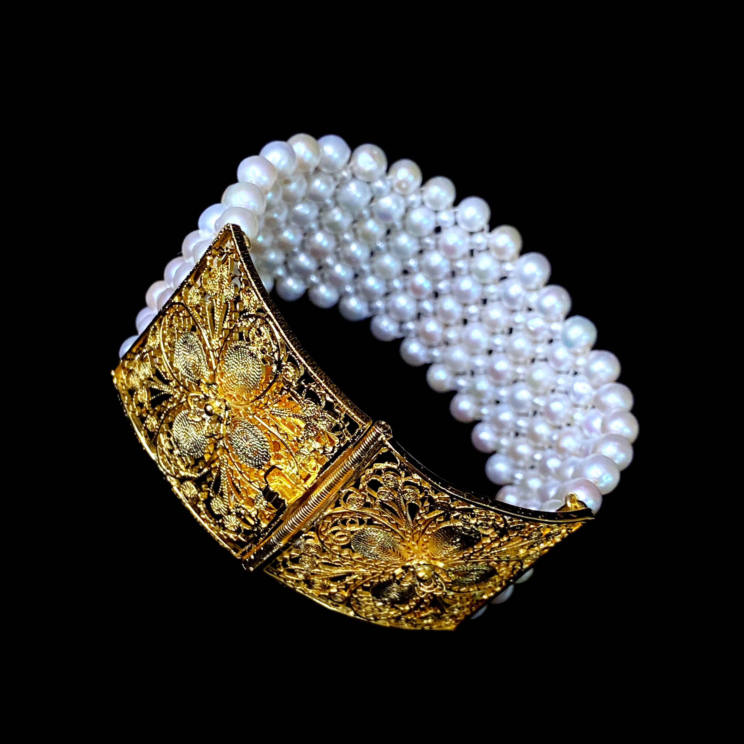 Marina J. Woven Pearl Bracelet with 18k Yellow Gold Plated Floral Clasp  3