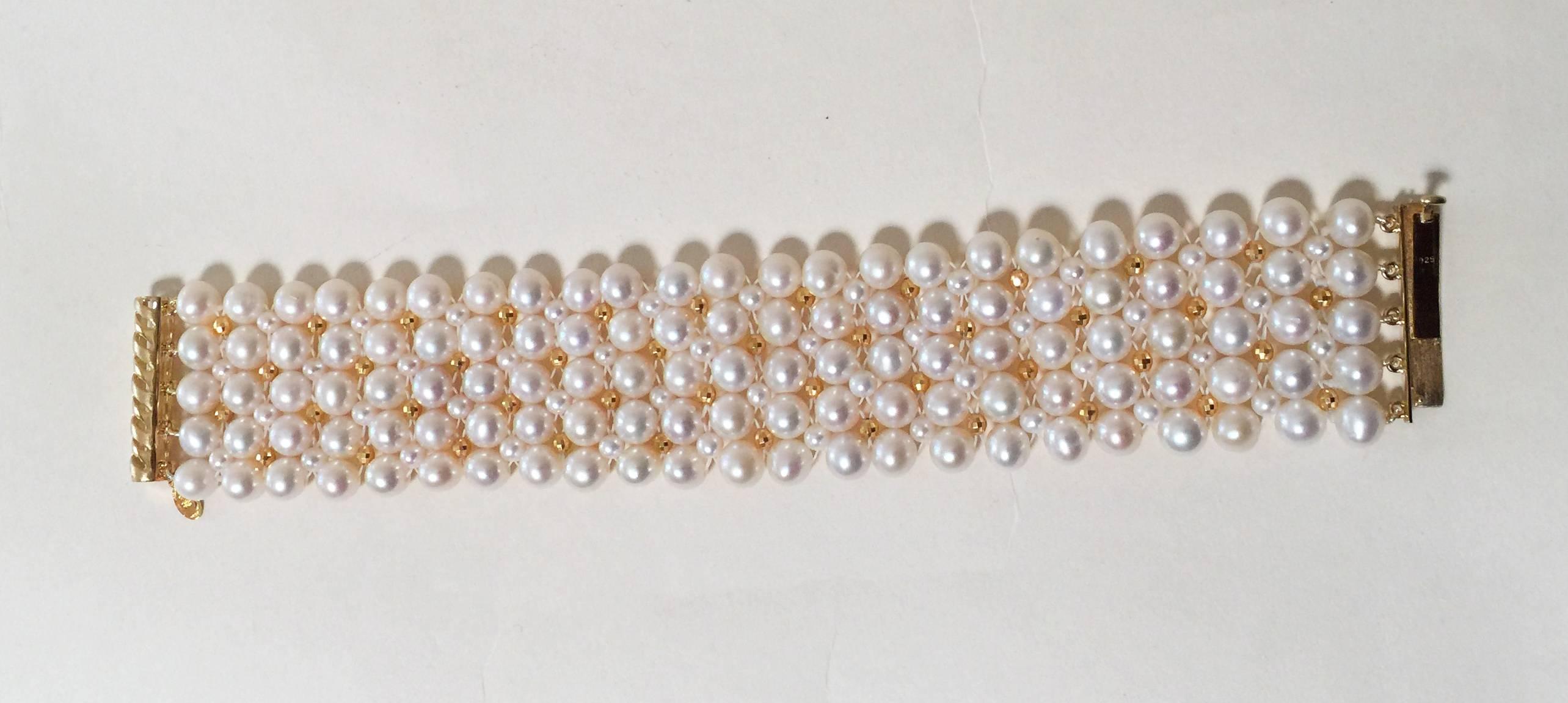 Artist Marina J. Woven Pearl Bracelet with Gold plated Beads & Clasp For Sale