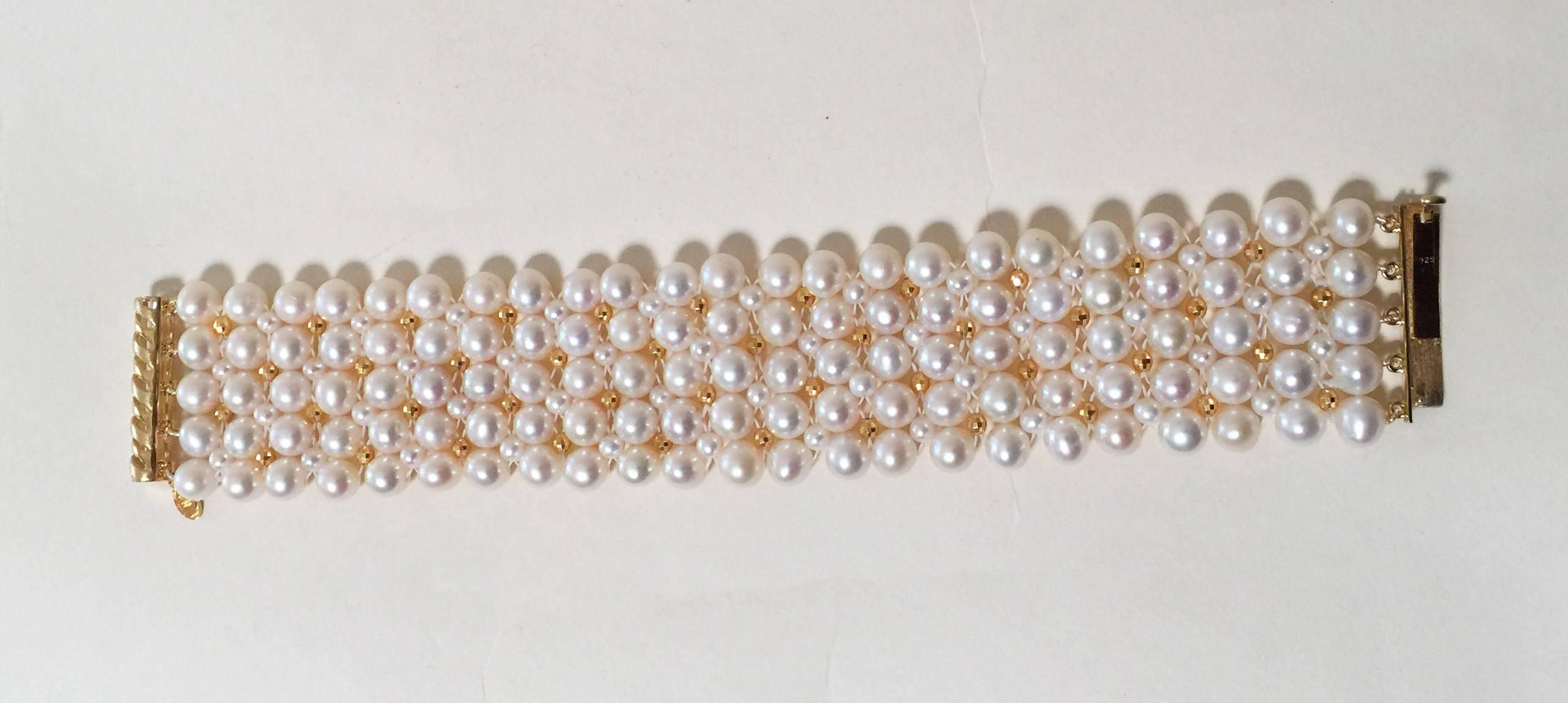 Artist Marina J. Woven Pearl Bracelet with Gold plated Sterling Silver Beads and Clasp  For Sale