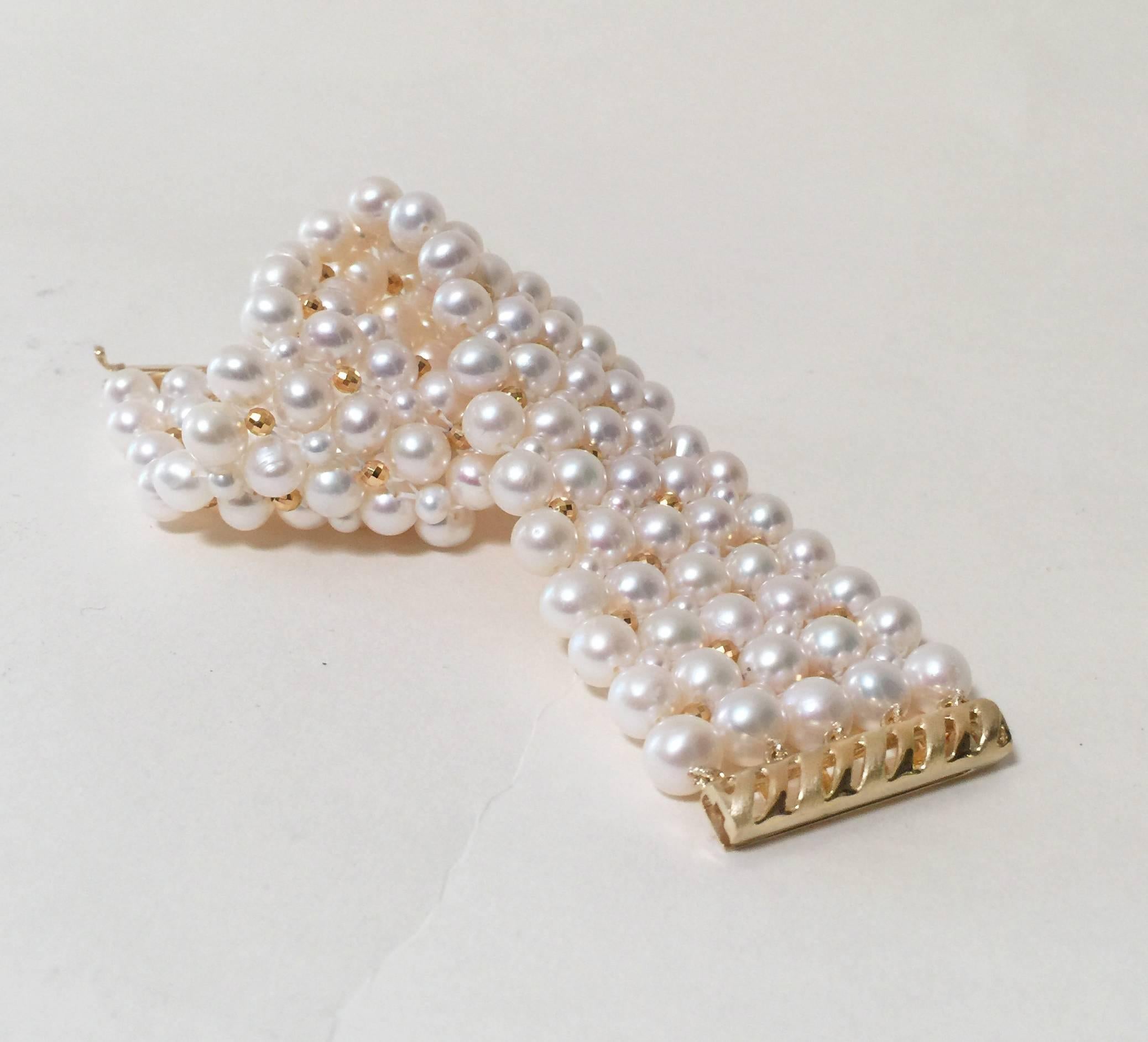 Marina J. Woven Pearl Bracelet with Gold plated Sterling Silver Beads and Clasp  In New Condition For Sale In Los Angeles, CA
