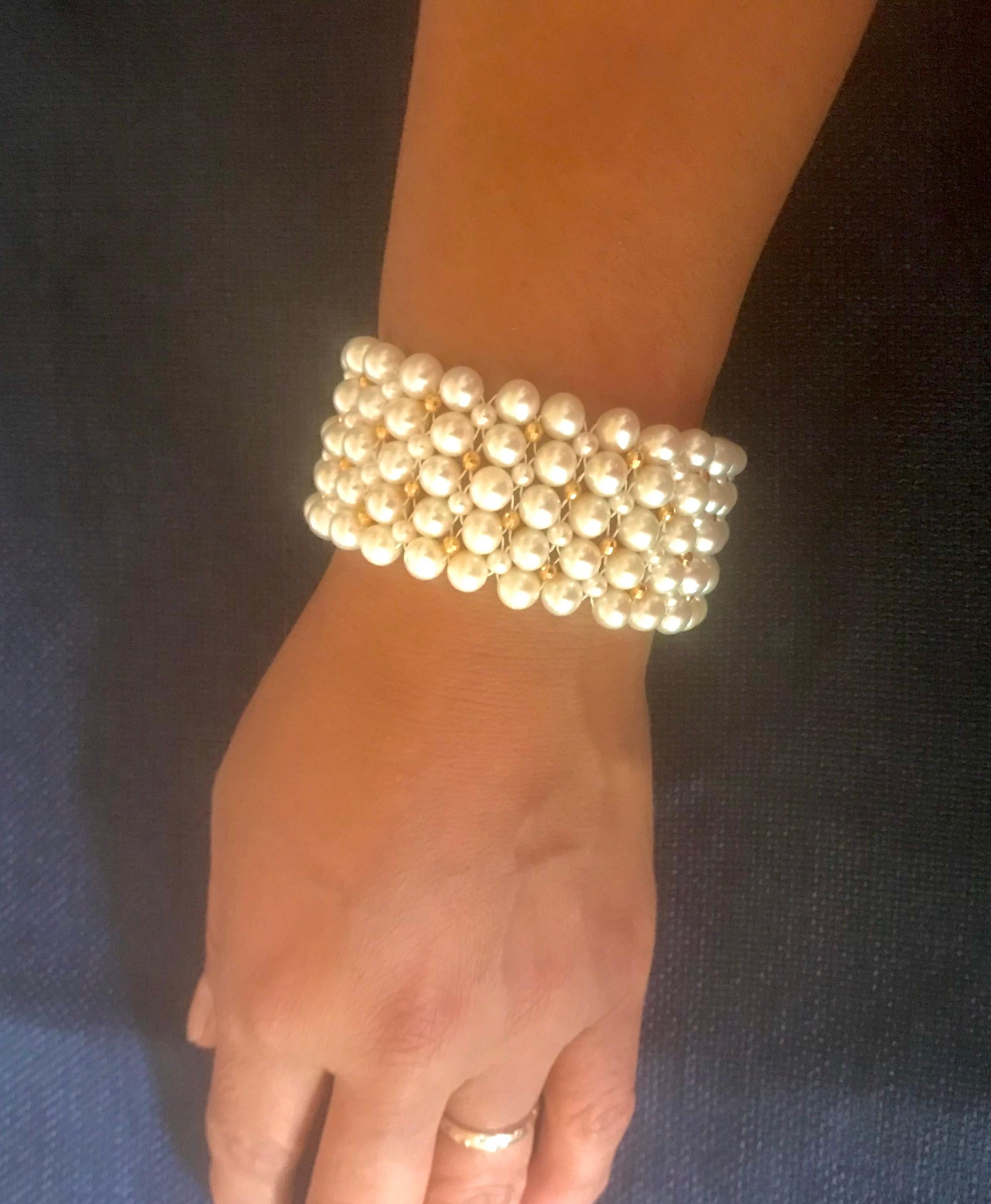 Marina J. Woven Pearl Bracelet with Gold plated Beads & Clasp For Sale 1