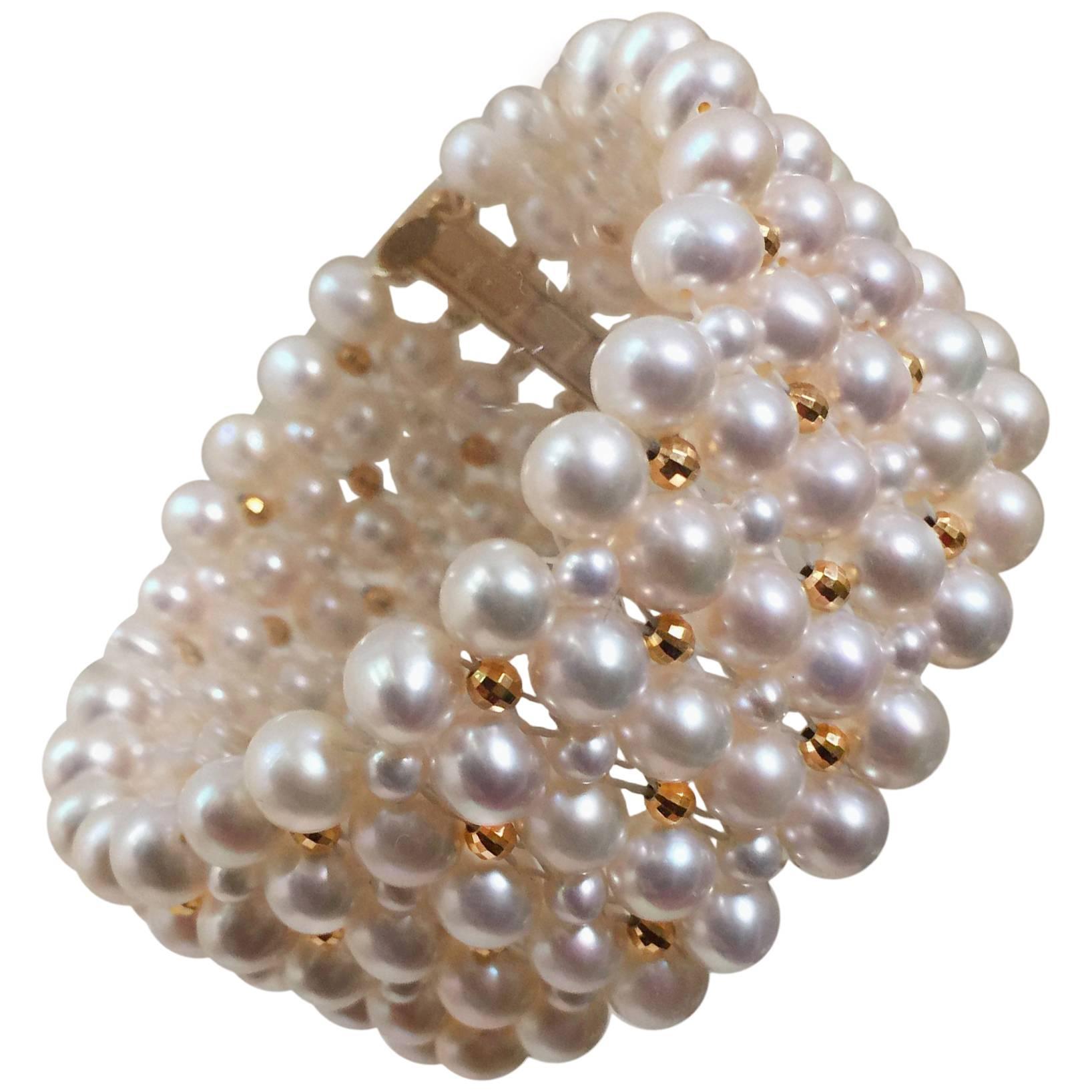 Marina J. Woven Pearl Bracelet with Gold plated Sterling Silver Beads and Clasp  For Sale