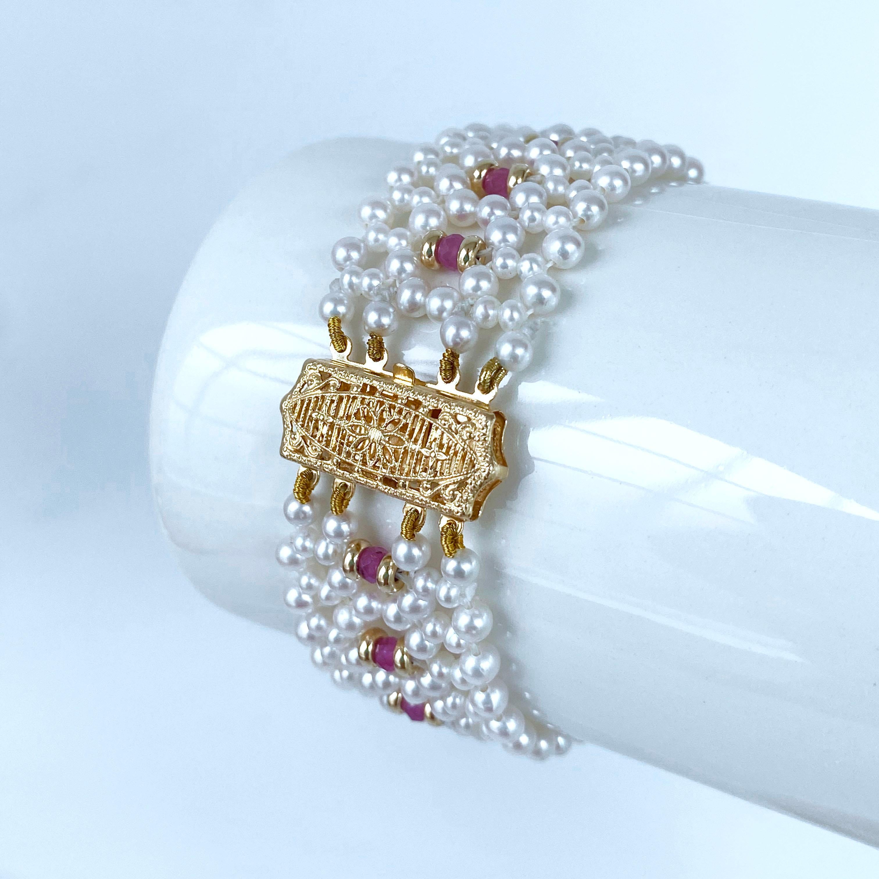 Marina J. Woven Pearl Bracelet with Pink Sapphire & Solid 14k In New Condition For Sale In Los Angeles, CA