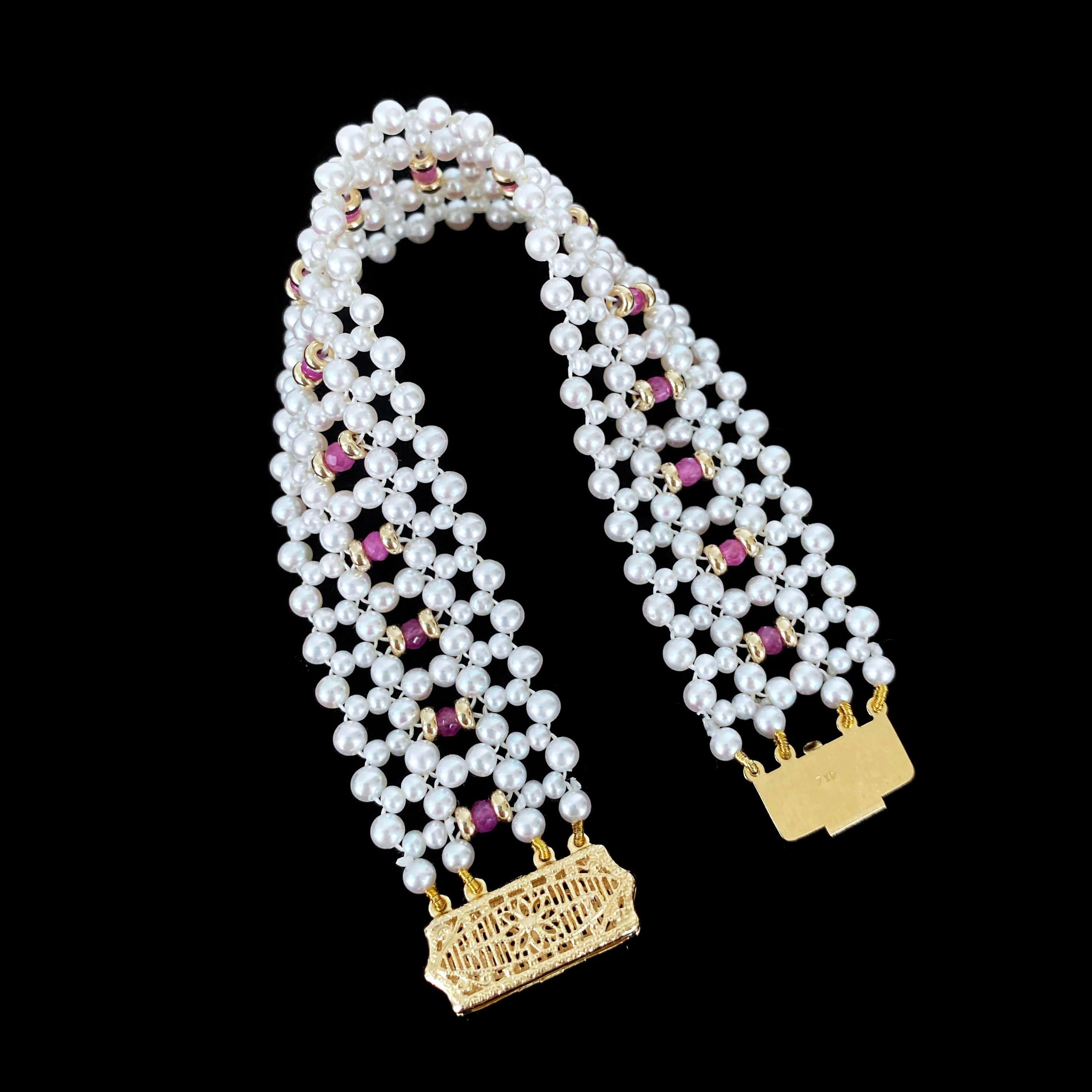 Marina J. Bracelet de perles tissées avec saphir rose et or massif 14 carats Pour femmes en vente