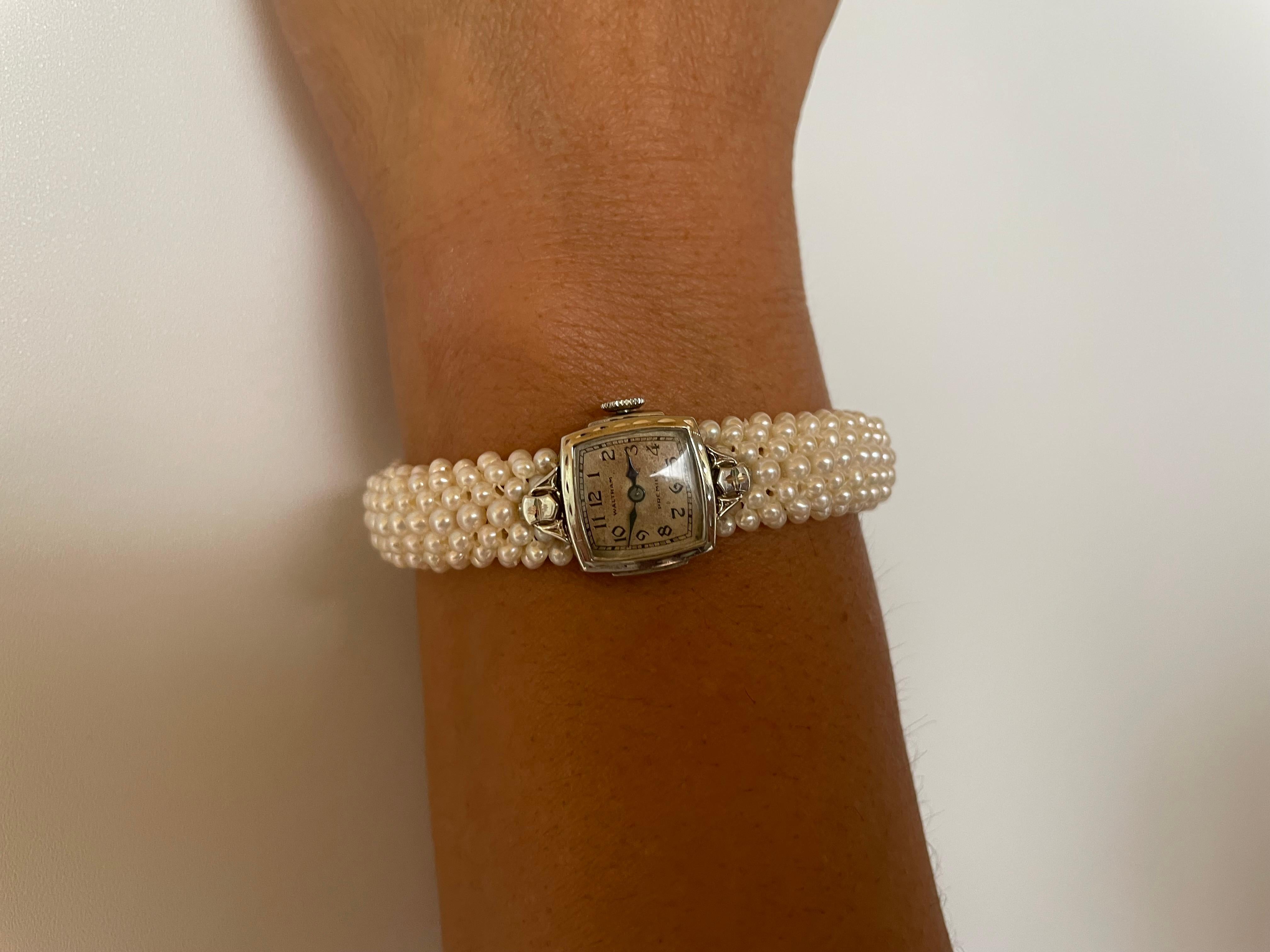 Marina J Woven Pearl  Bracelet with Vintage 14k White Gold working manual Watch  1