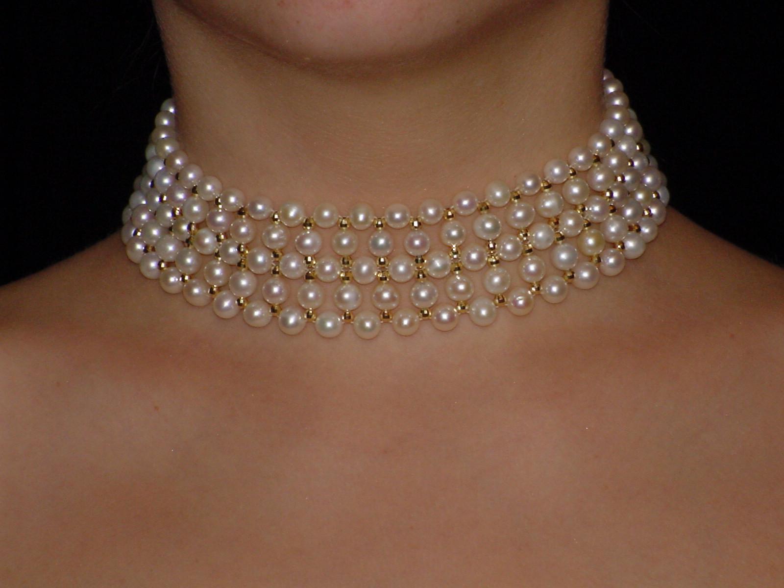 Bead Marina J. Woven Pearl Choker Necklace with 14 k Gold plated clasp and beads For Sale