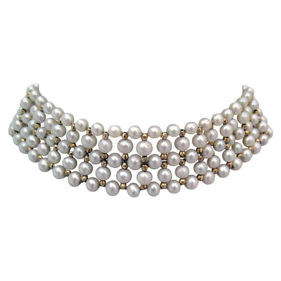 Marina J. Woven Pearl Choker Necklace with 14 k Gold plated clasp and beads