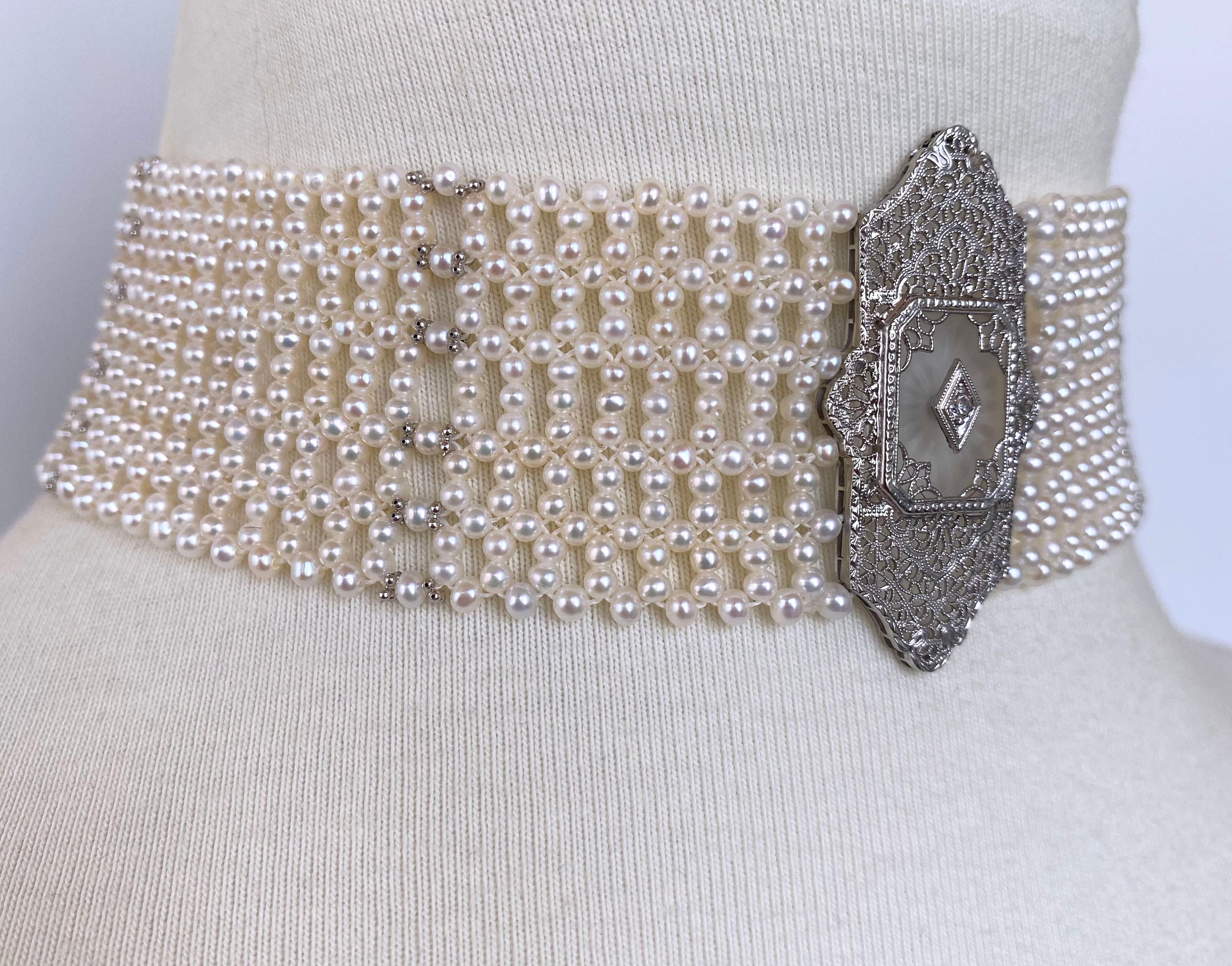 Women's Marina J Woven Pearl Choker with 14k Gold Vintage Centerpiece and Diamond