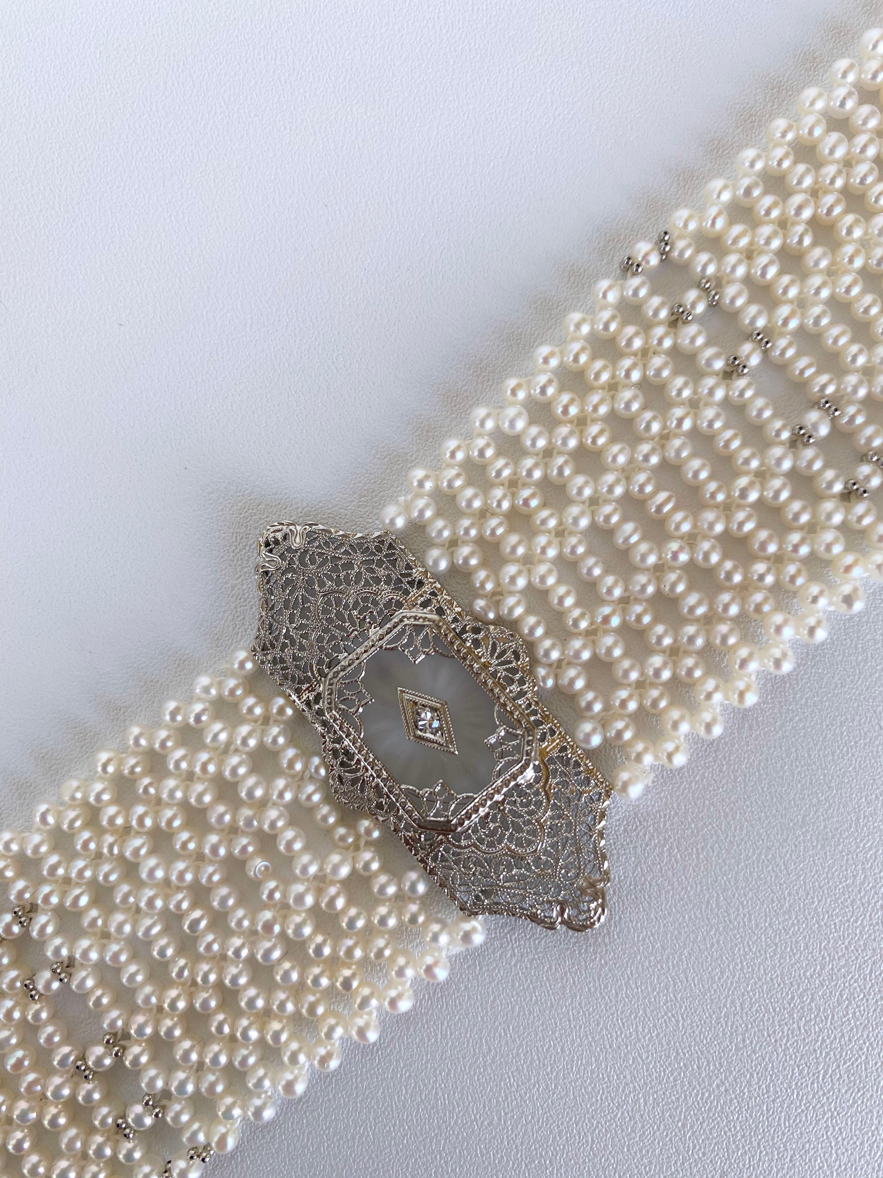 Marina J Woven Pearl Choker with 14k Gold Vintage Centerpiece and Diamond 3