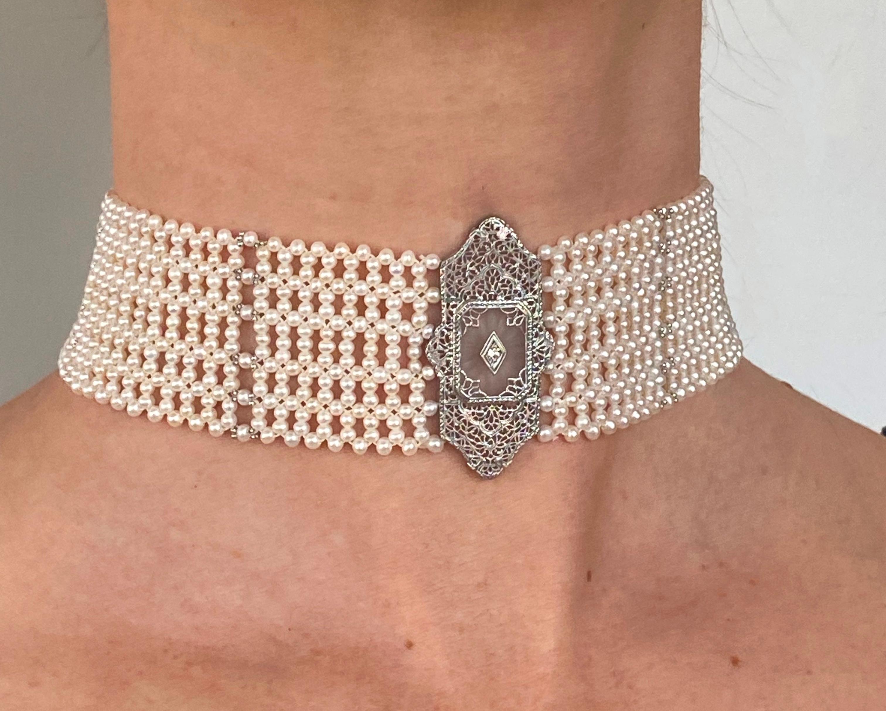 Marina J Woven Pearl Choker with 14k Gold Vintage Centerpiece and Diamond In New Condition In Los Angeles, CA