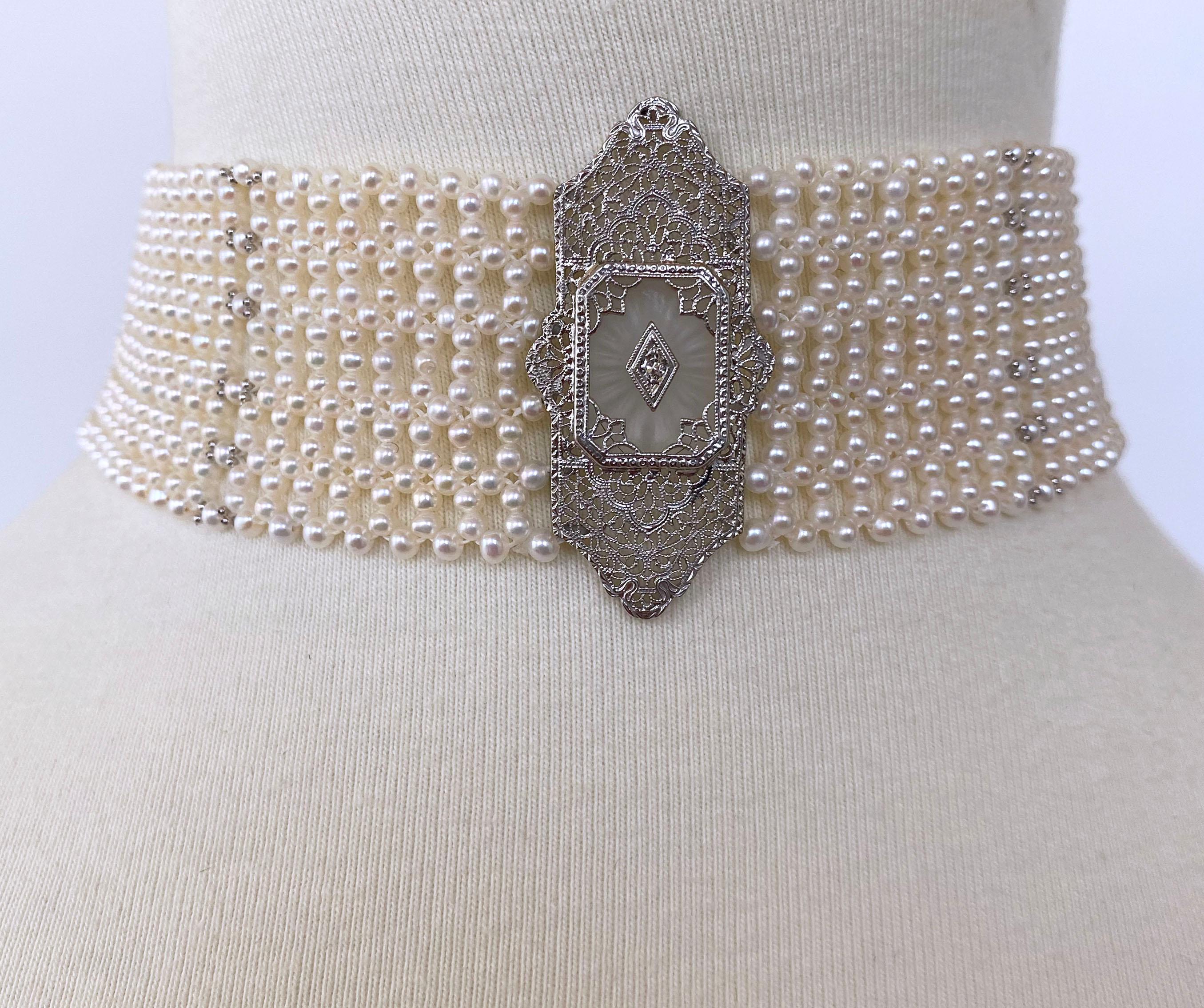 Marina J Woven Pearl Choker with 14k Gold Vintage Centerpiece and Diamond 5