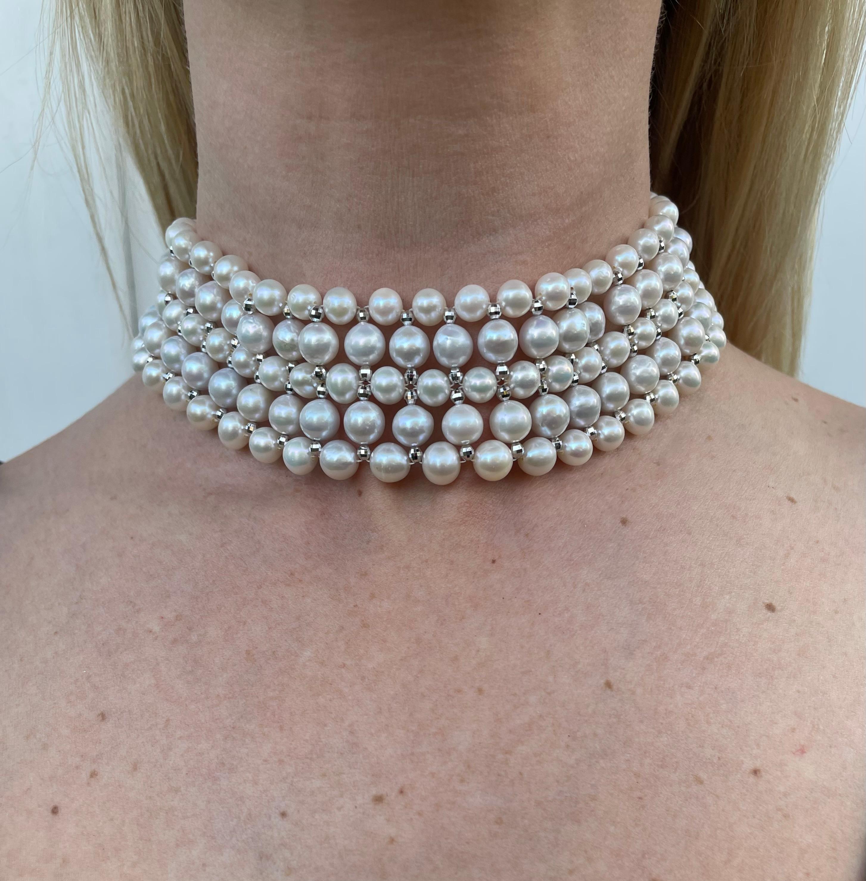 Artisan Marina J. Woven Pearl Choker with Gold Plated Faceted Beads & Decorative Clasp For Sale