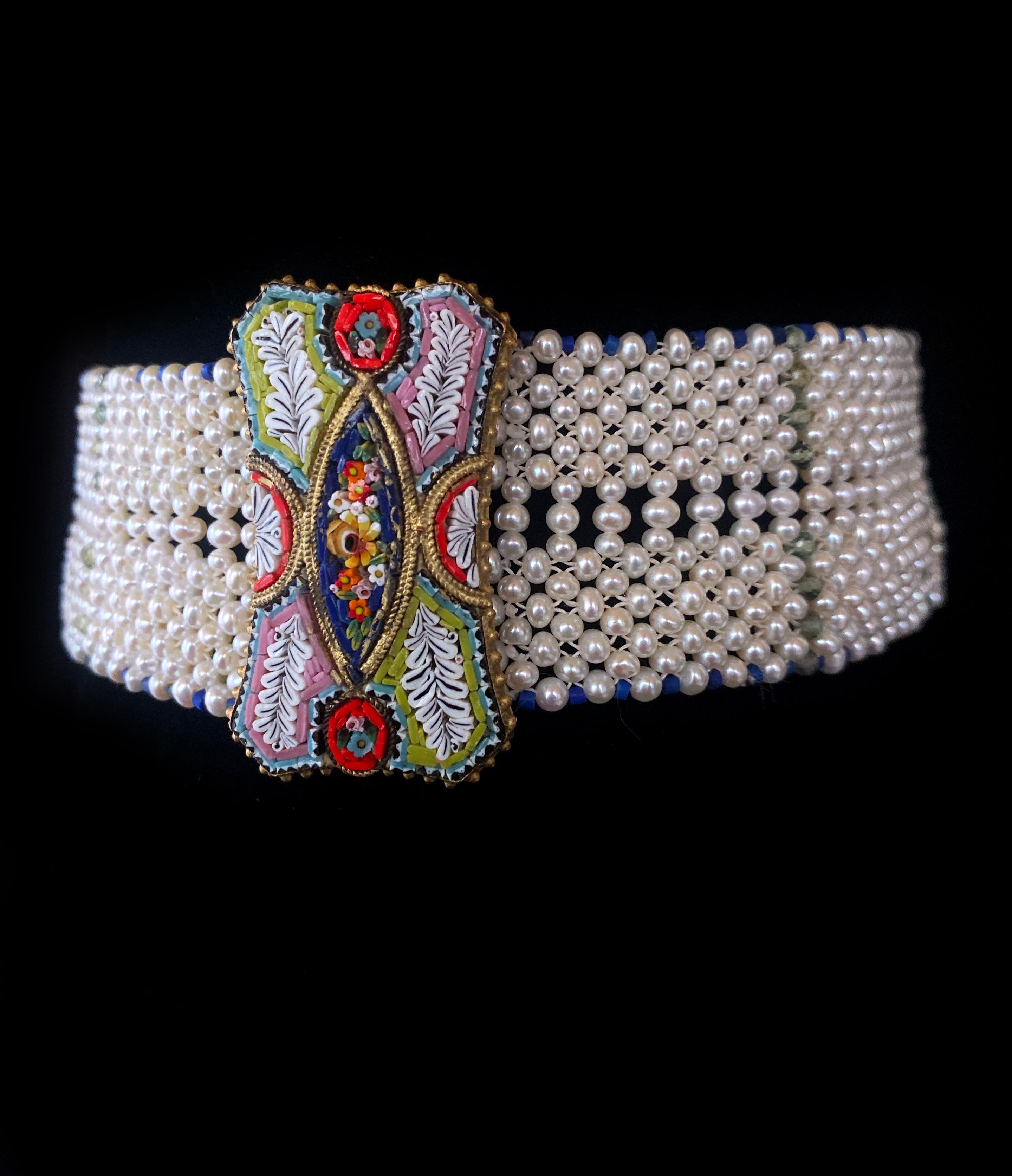 Marina J. Woven Pearl Choker with Mosaic Centerpiece, Lapis and Green Apatite In New Condition For Sale In Los Angeles, CA