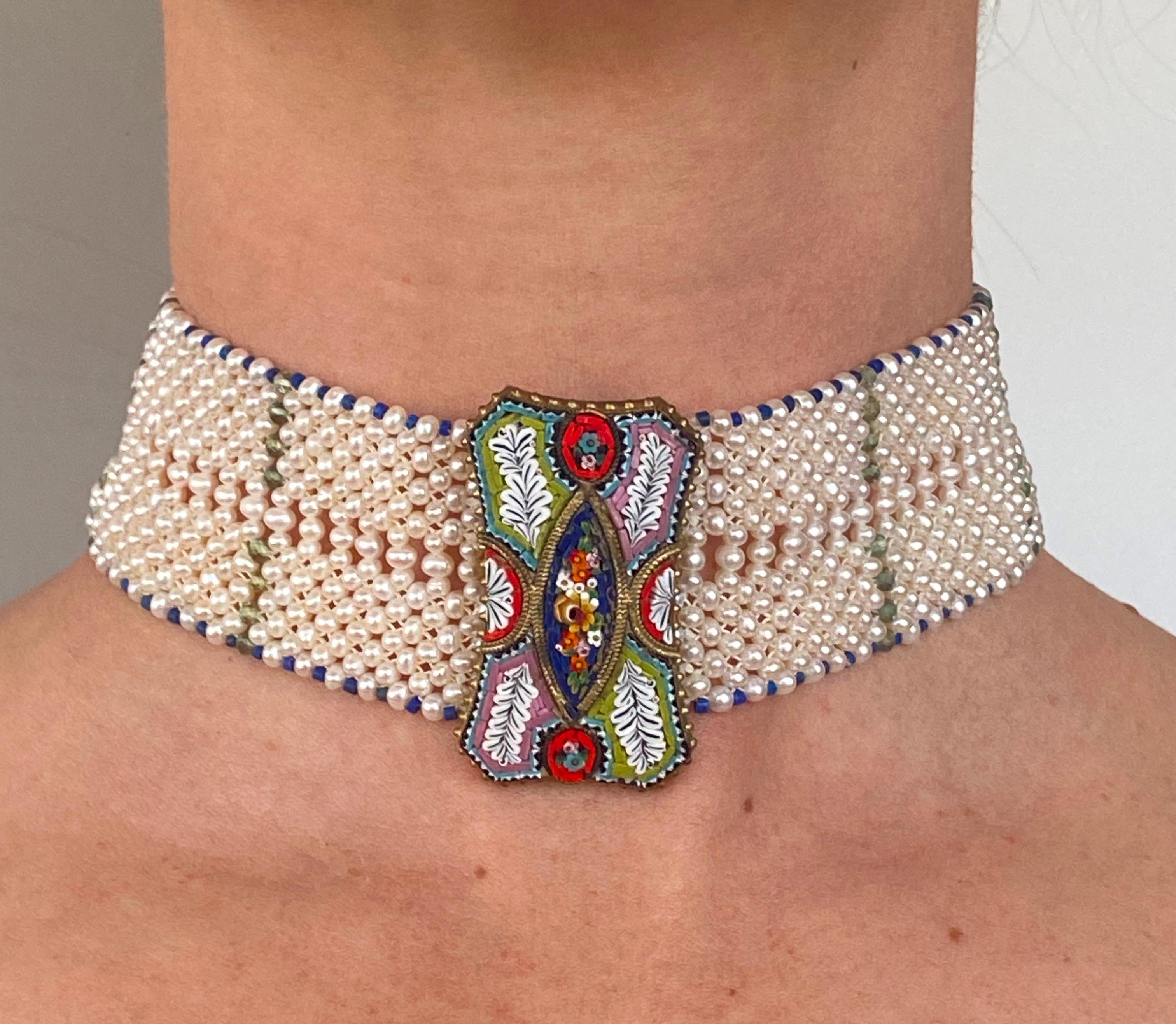 Artisan Marina J. Woven Pearl Choker with Mosaic Centerpiece, Lapis and Green Apatite For Sale