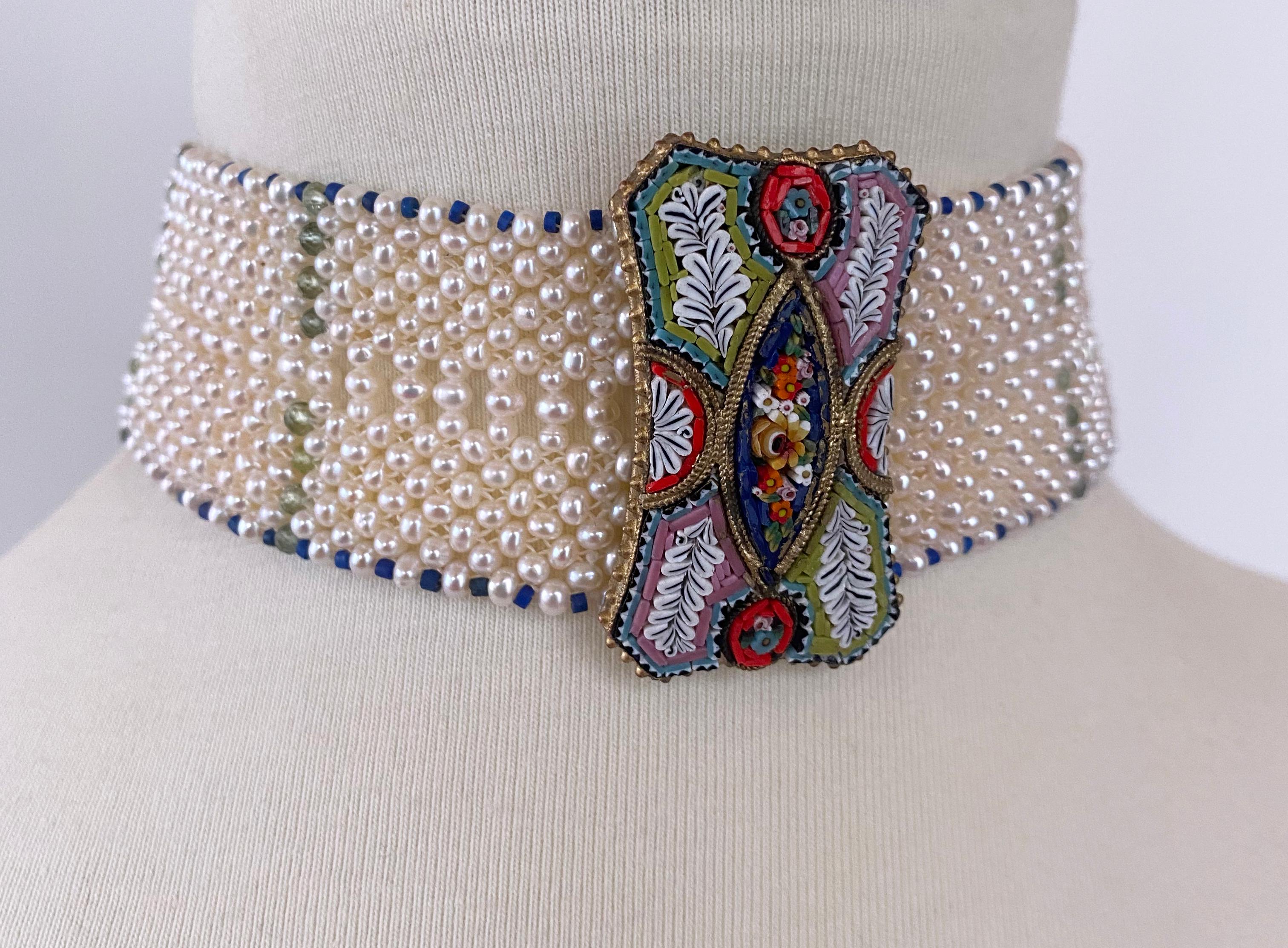 Marina J. Woven Pearl Choker with Mosaic Centerpiece, Lapis and Green Apatite For Sale 3