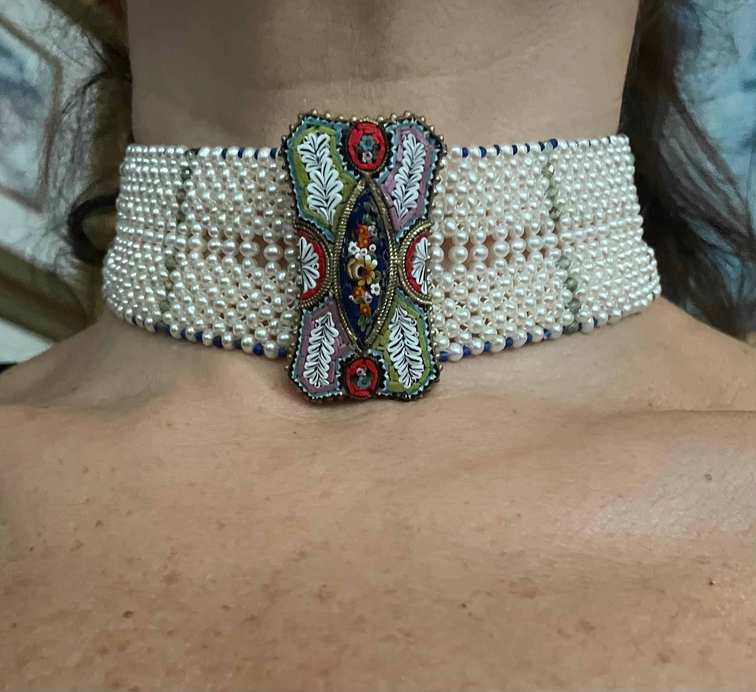 Marina J. Woven Pearl Choker with Mosaic Centerpiece, Lapis and Green Apatite For Sale 2