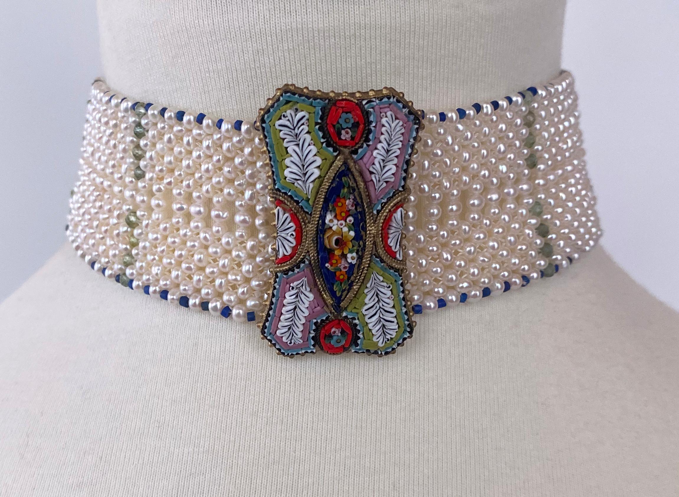 Marina J. Woven Pearl Choker with Mosaic Centerpiece, Lapis and Green Apatite For Sale 4