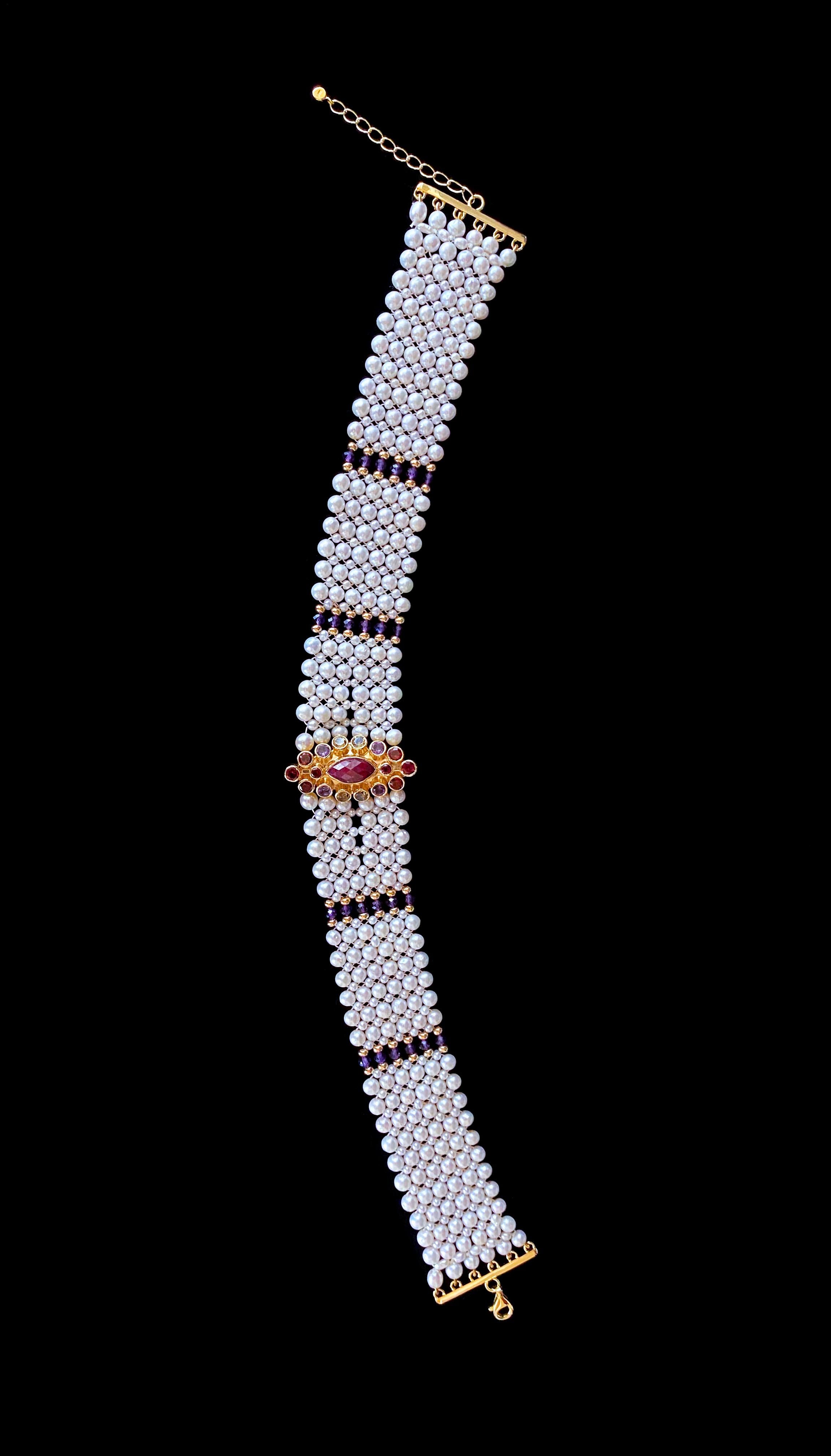 Marina J woven pearl choker with multi color semi precious beads   12