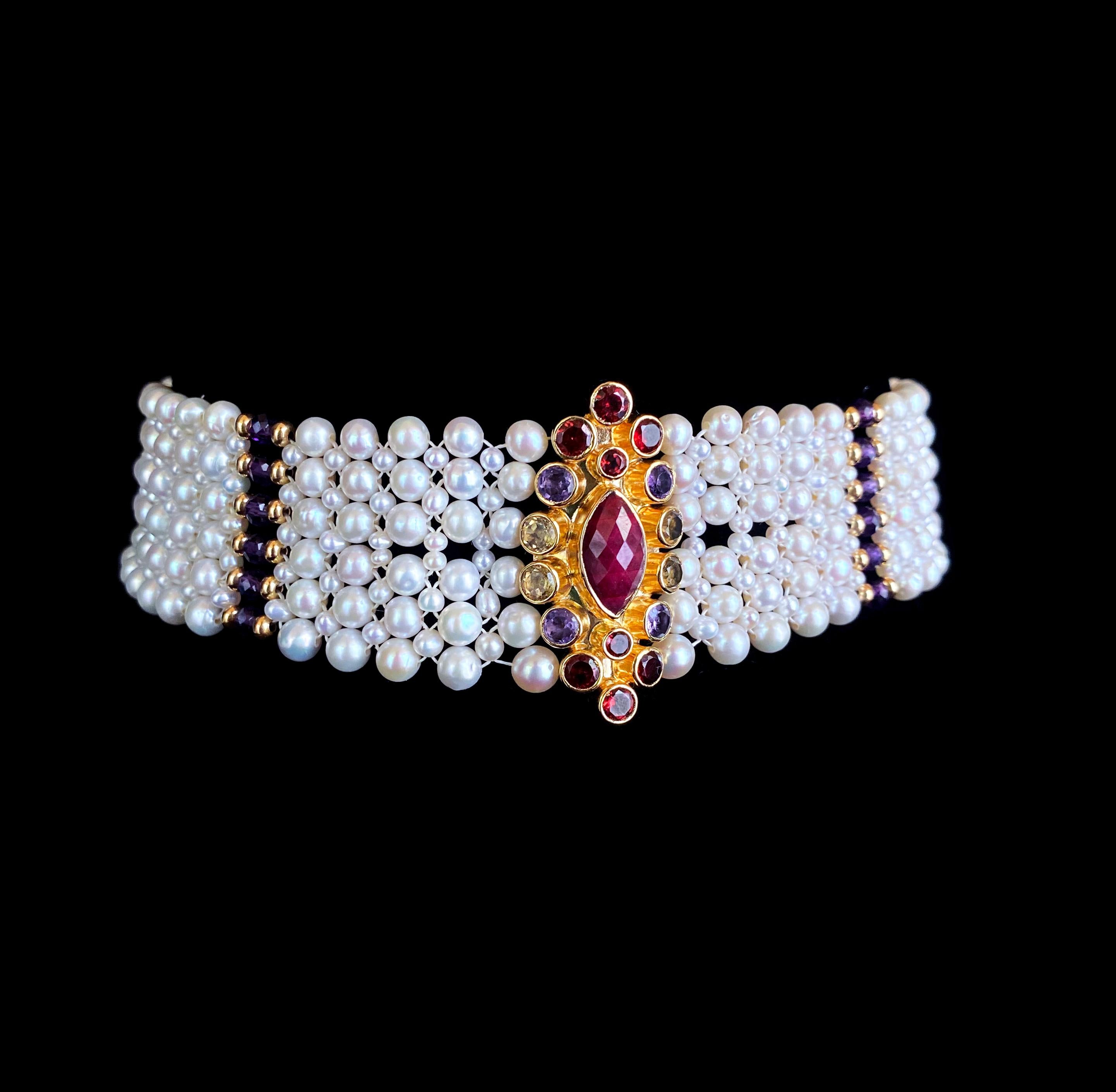 Marina J woven pearl choker with multi color semi precious beads   1