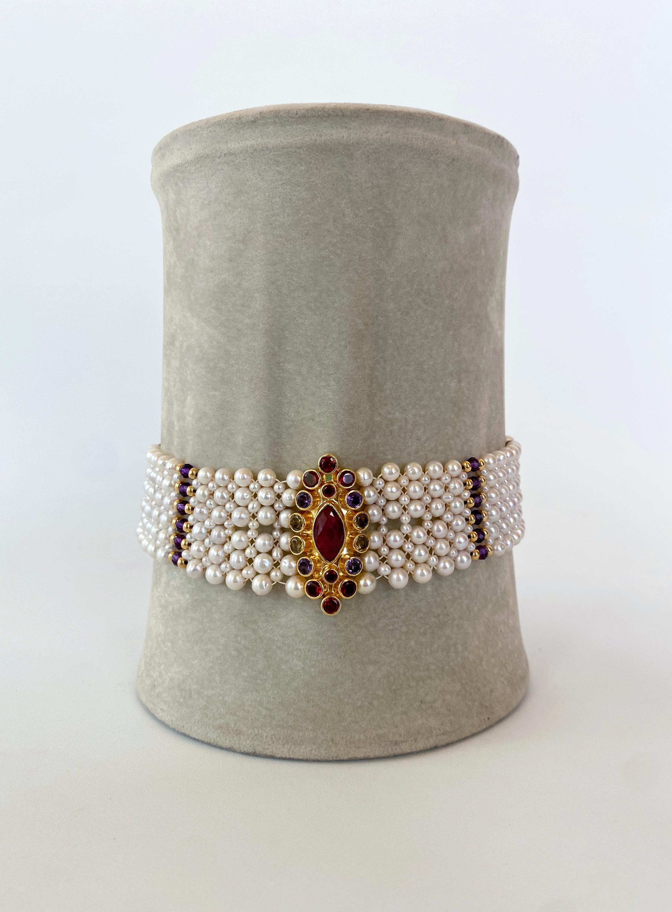 Marina J woven pearl choker with multi color semi precious beads   11