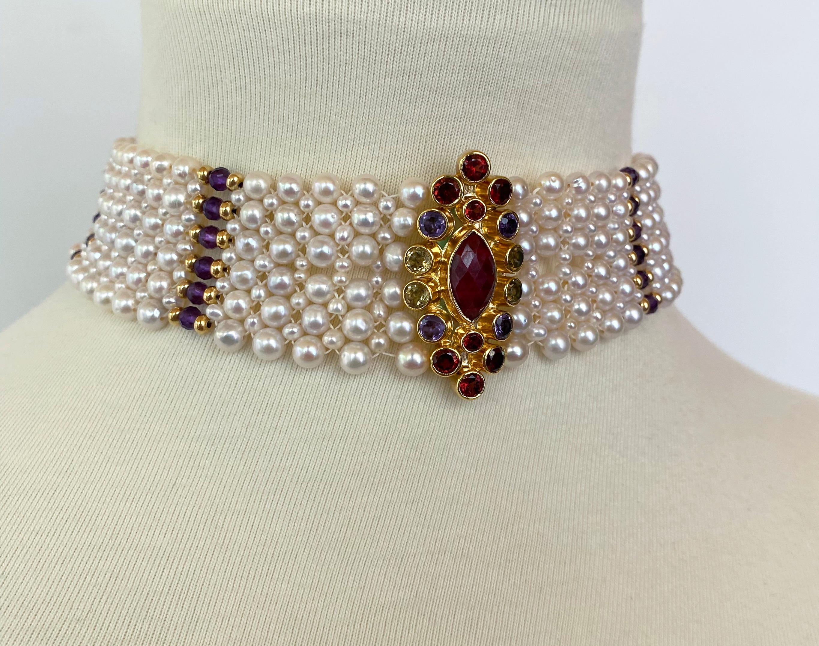 Gorgeous One of A Kind Choker made by Marina J . This elegant Choker is made of multi sized Pearls intricately woven together into a tight Lace like design. The Pearls are woven with a slight graduation allowing this Choker to sit perfectly along