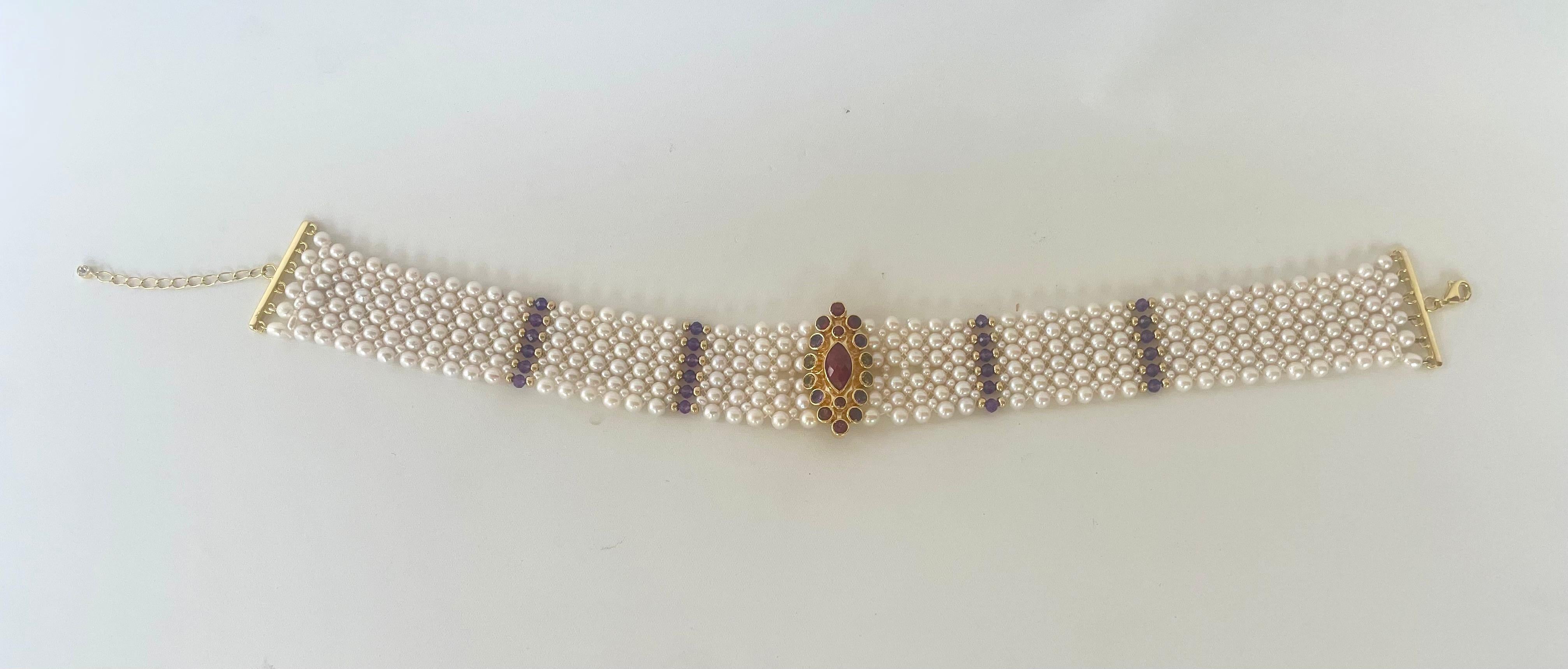 Marina J woven pearl choker with multi color semi precious beads   In New Condition In Los Angeles, CA