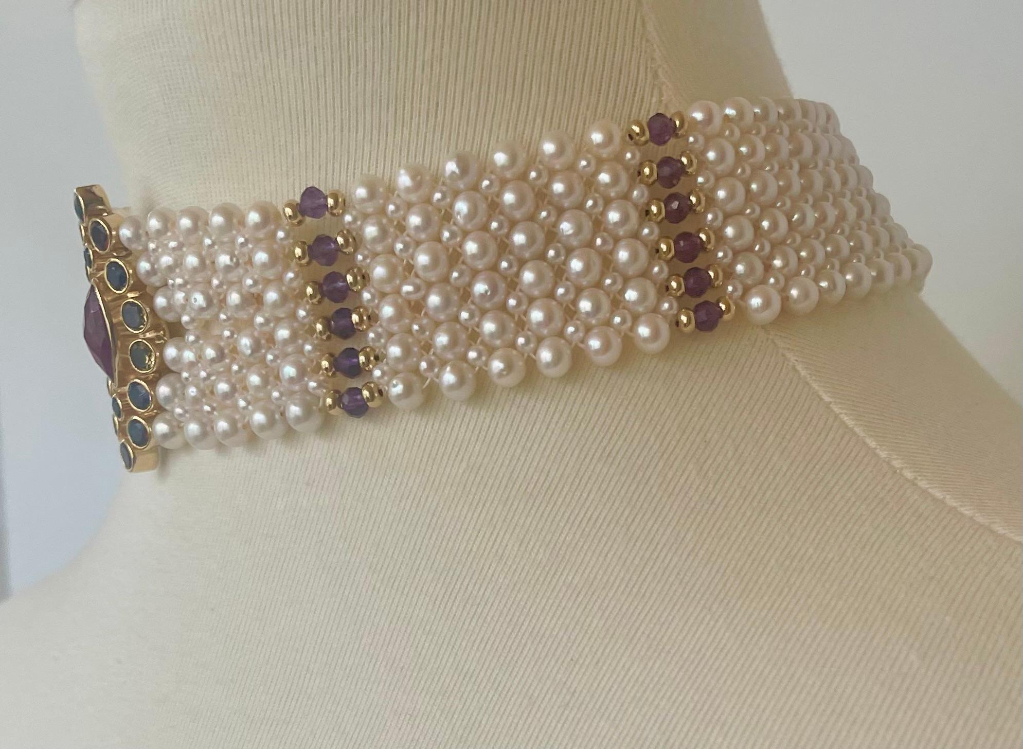 Women's Marina J woven pearl choker with multi color semi precious beads  