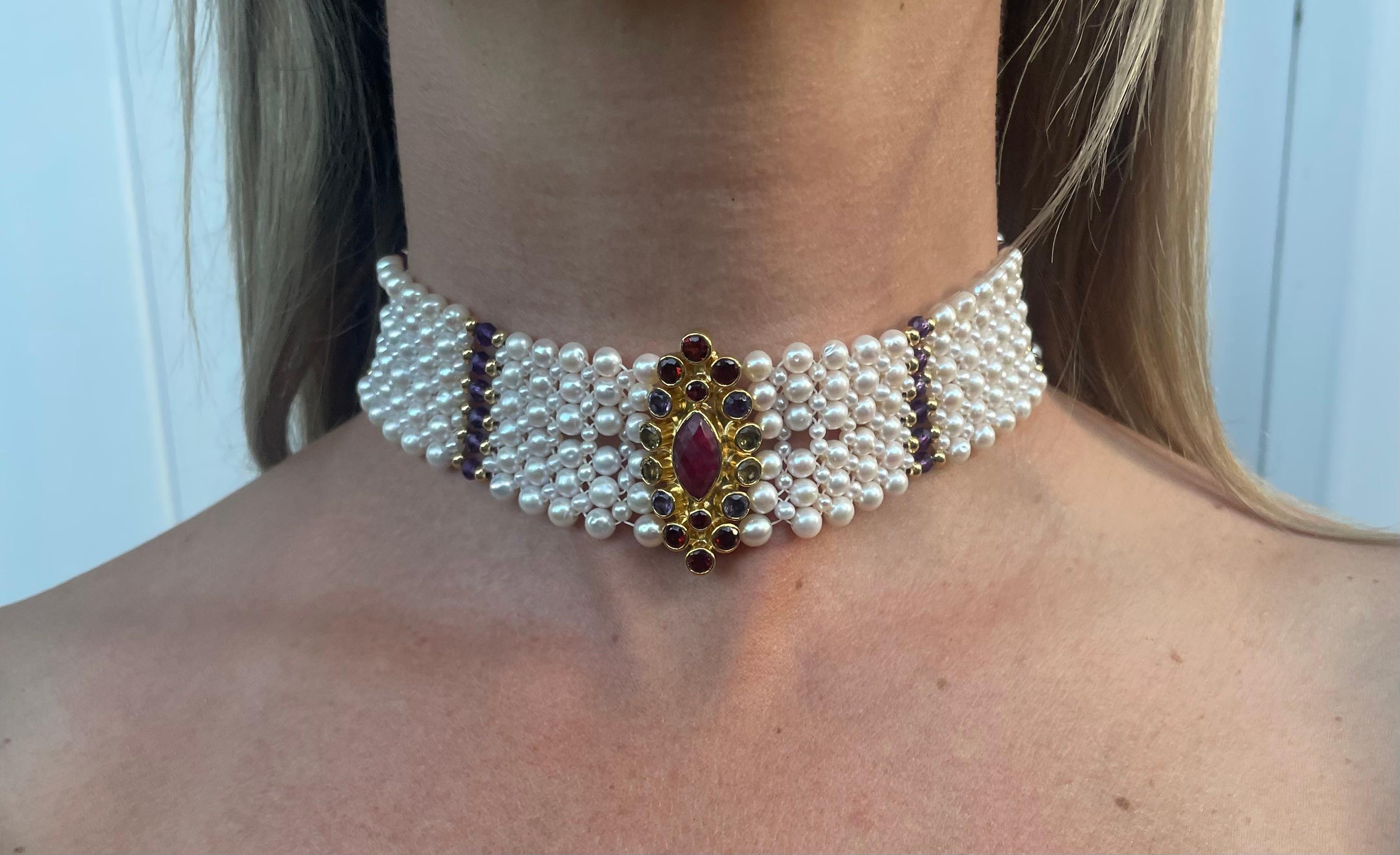 Bead Marina J woven pearl choker with multi color semi precious beads  